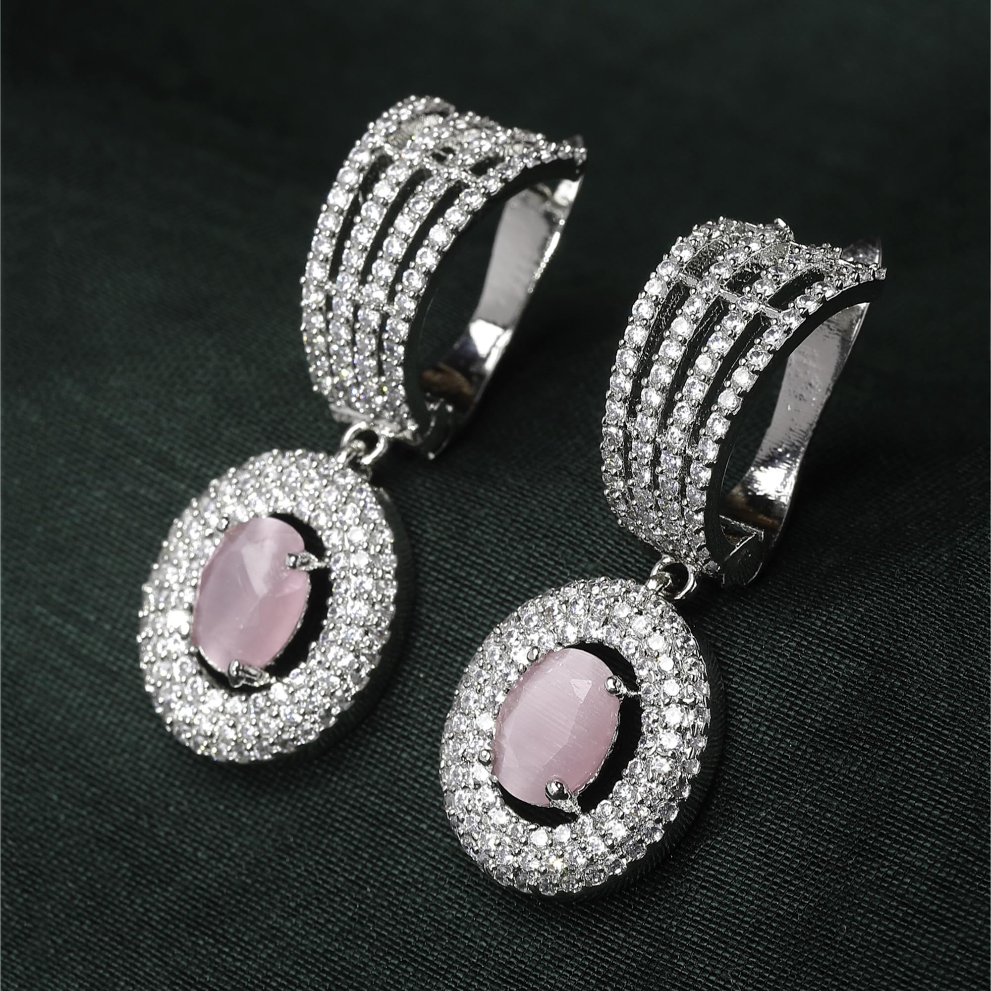 Rhodium-Plated Drop Earrings w/ American Diamond