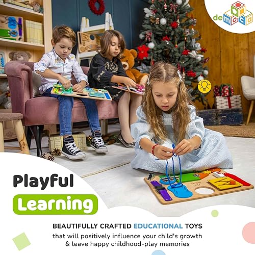 Vista 20 de deMoca Tabla sensorial de actividades para niños pequeños, tablero de madera de primera calidad para niños de 1, 2, 3 años con 10 actividades