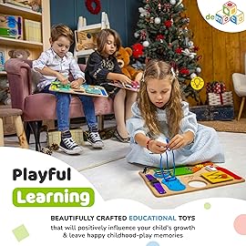 deMoca Sensory Busy Board for Toddlers, Premium Wooden Toddler Busy Board for 1 2 3 Year Old with 10 Educational Activities for Fine Motor Skills, Fidget Activity Toy for Travel Toy