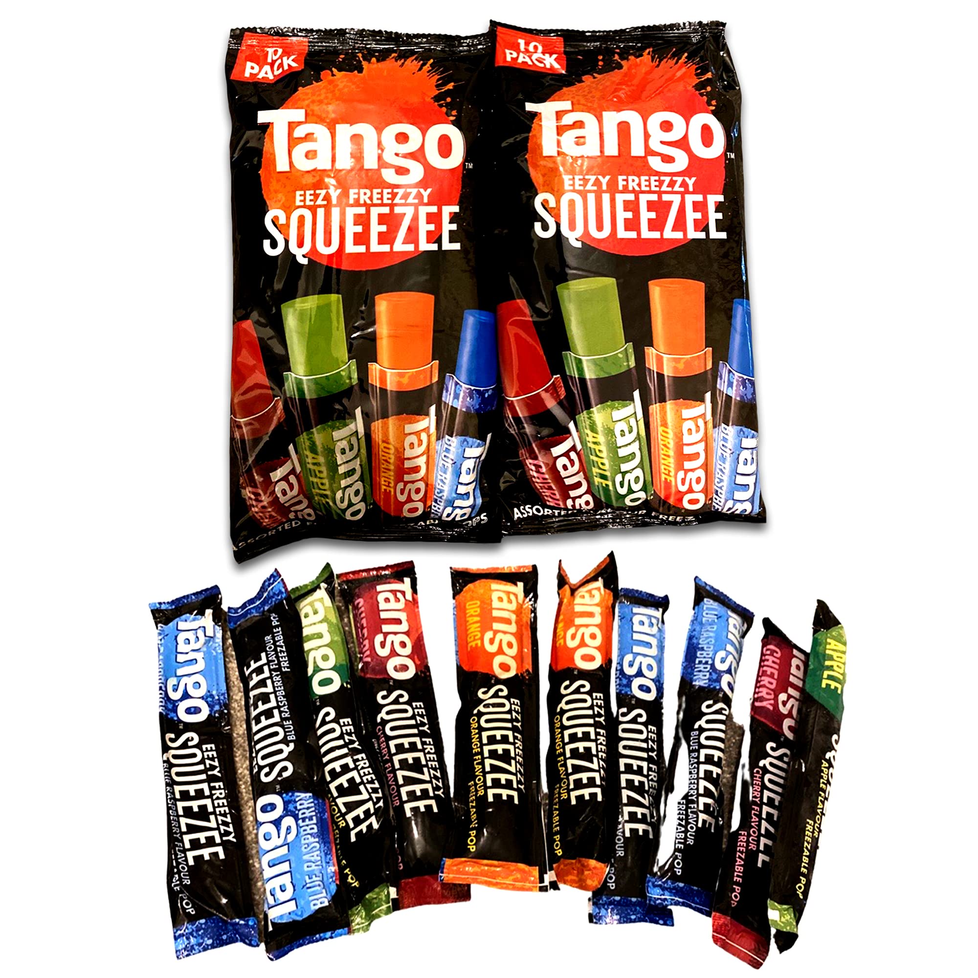 Tango EEZY FREEZZY SQUEEZE – 2 x 10 pack Ice pops in 4 different flavours of Orange, Cherry, Blue Raspberry and Cherry. Ideal for summer fun.