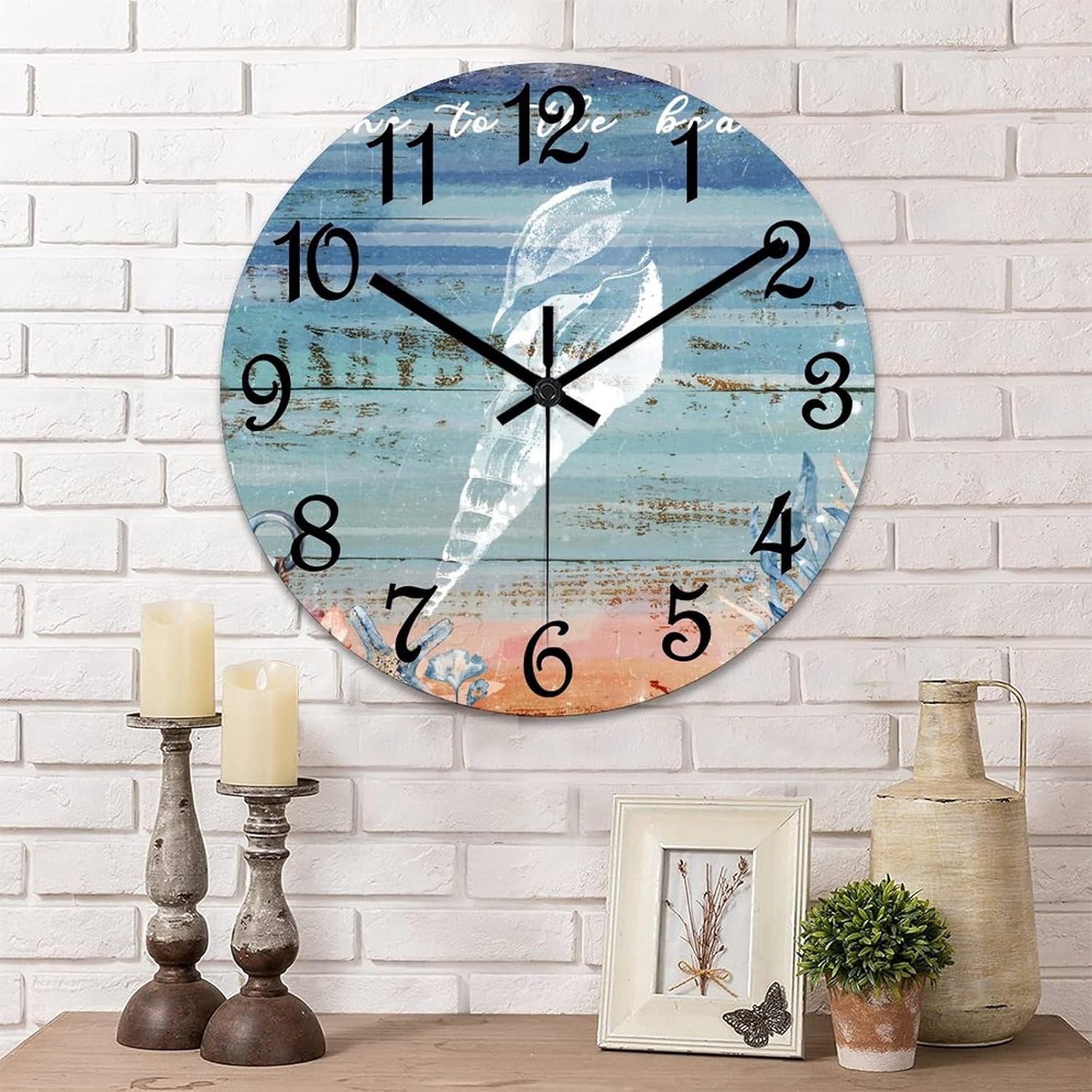 Gone to The Beach Wood Wall Clock Beach Ocean Theme Shells Numeral Clocks 12in Silent Non-Ticking Battery Operated Funny Round Wall Clock Decoration for Home Living Room Bedroom