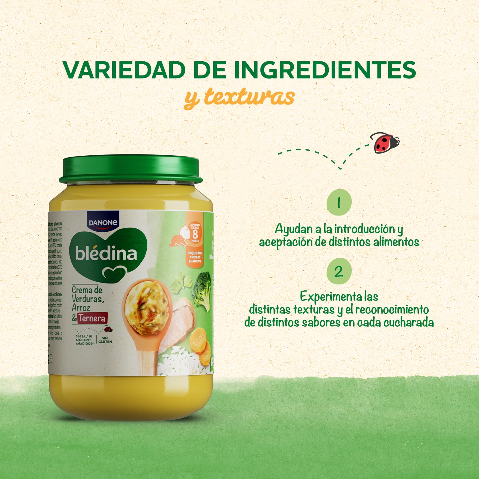 Blédina Tarritos de Crema de Verduras, Arroz y Ternera para Bebé. Tarritos Blédina Sin Sal Ni Azúcares Añadidos y Sin Gluten. Desde los 8 Meses, Pack 6x200g
