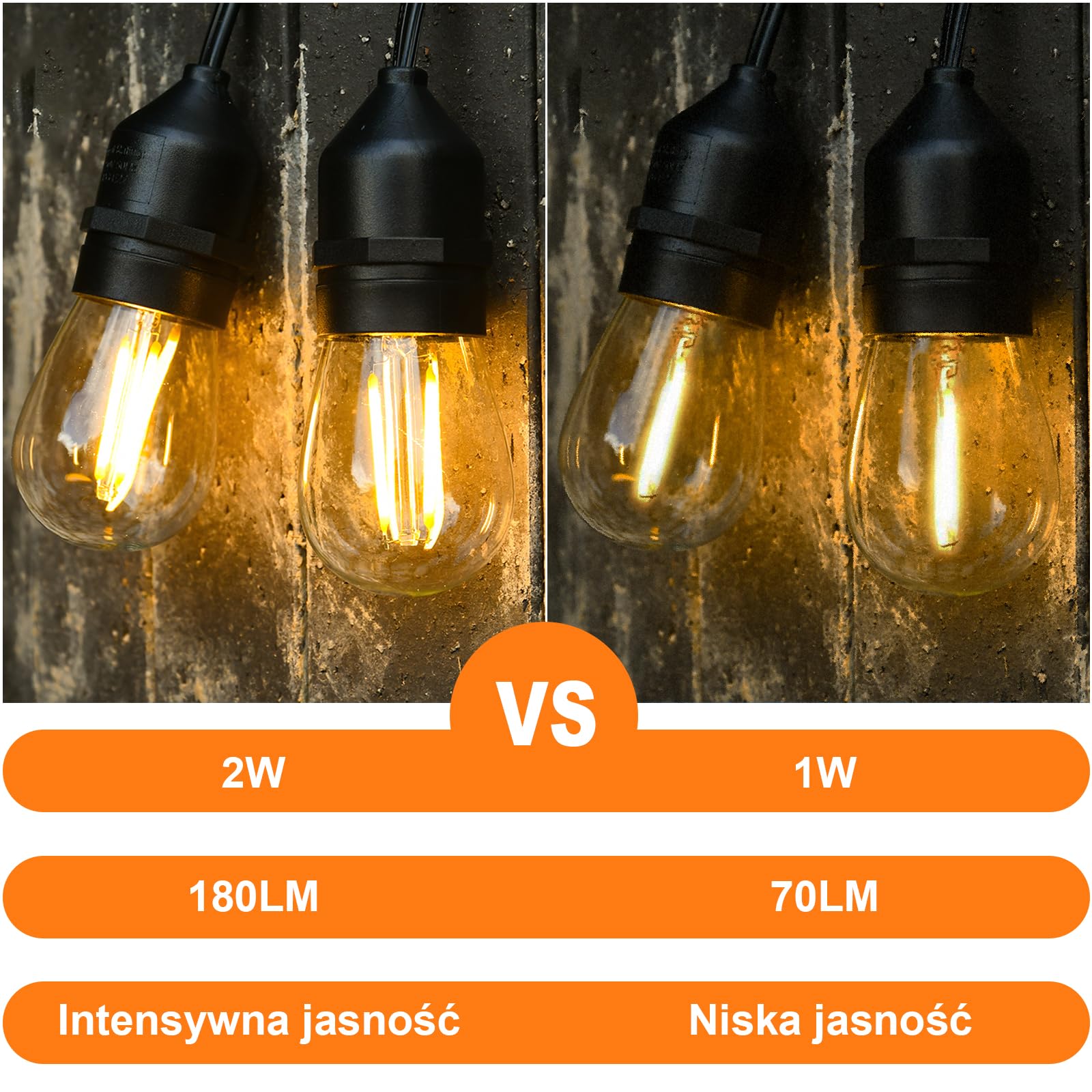 BRIMAX Łańcuch świetlny LED na zewnątrz, 30 metrów z 30 żarówkami 2 W S14, prąd AC 220-240 V, 2700 K ciepła biel, wodoszczelność IP44, oświetlenie zewnętrzne do ogrodu, na imprezę, wesele, kemping