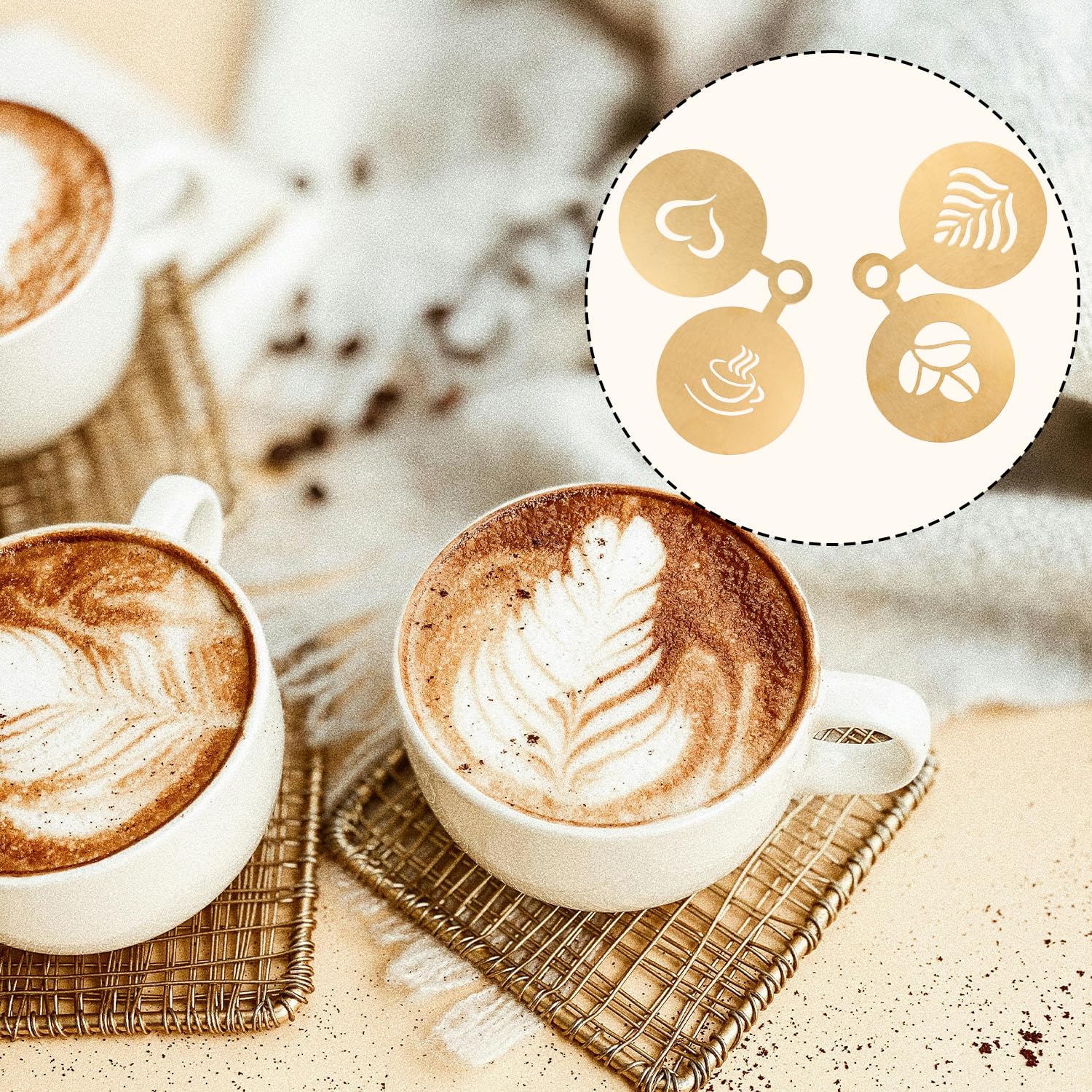 GORGECRAFT – 4 Pochoirs à Café En Acier Inoxydable Pour Décorer Vos Lattes Et Cappuccinos – Motifs Cœur, Feuille, Tasse Et Grain De Café - 4