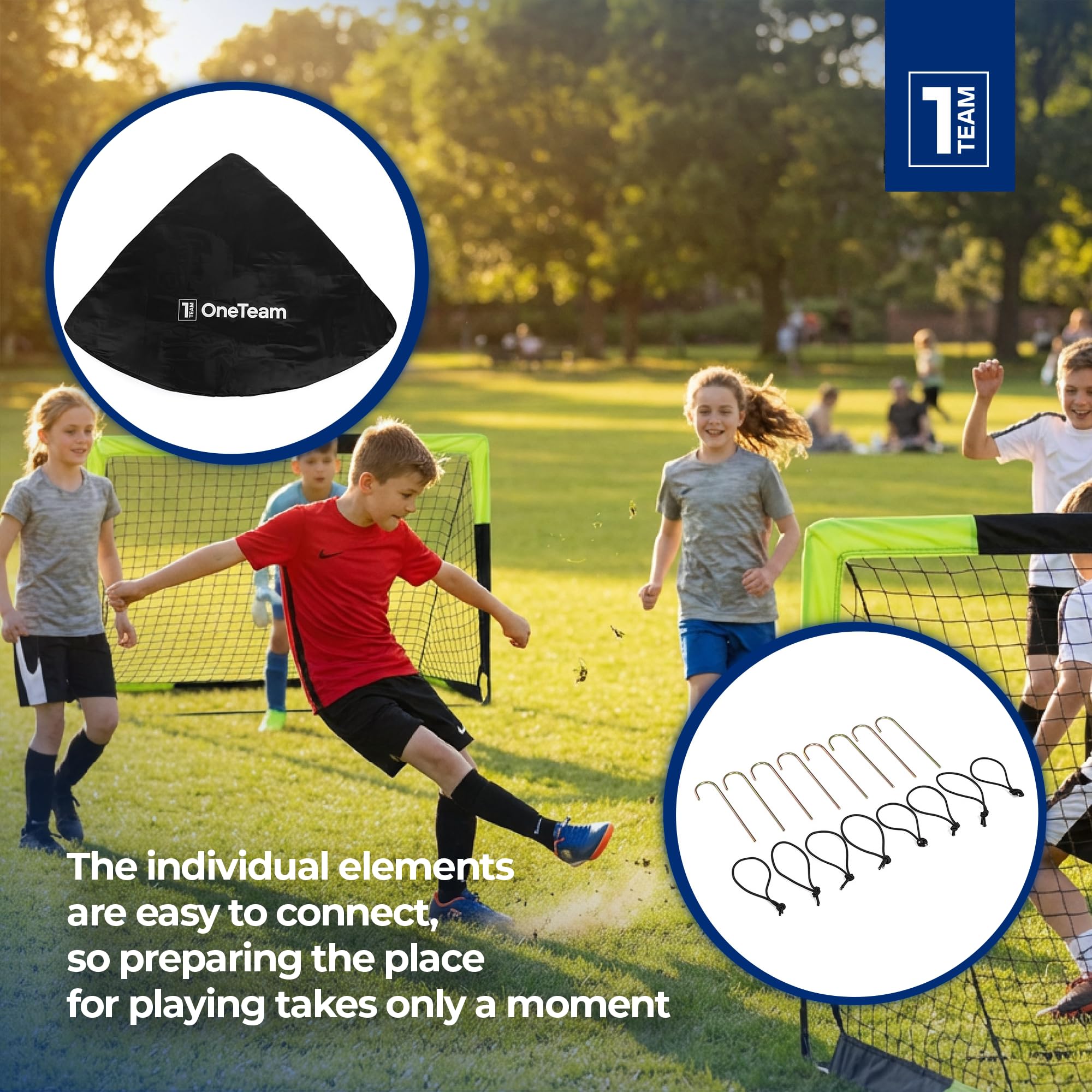 OneTeam Sekundenschneller Aufbau – Pop-Up Fußballtor Goalify – Flexibles Fiberglas – Schwarz – für Garten, Strand und Park