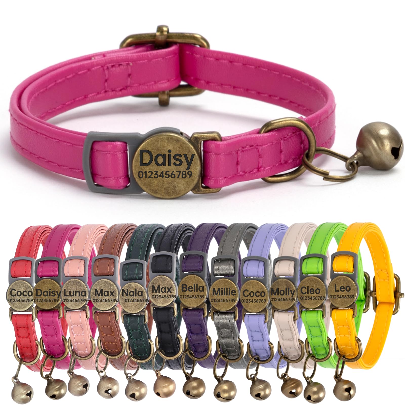 Genuine Leather Cat Collar Quick Release with Personalised Name Tag, breakaway Kitten Collars with Removable Bells & Safety Release, Engraved buckle, 19-30 CM Adjustable, (Vintage Hot Pink) — image 1