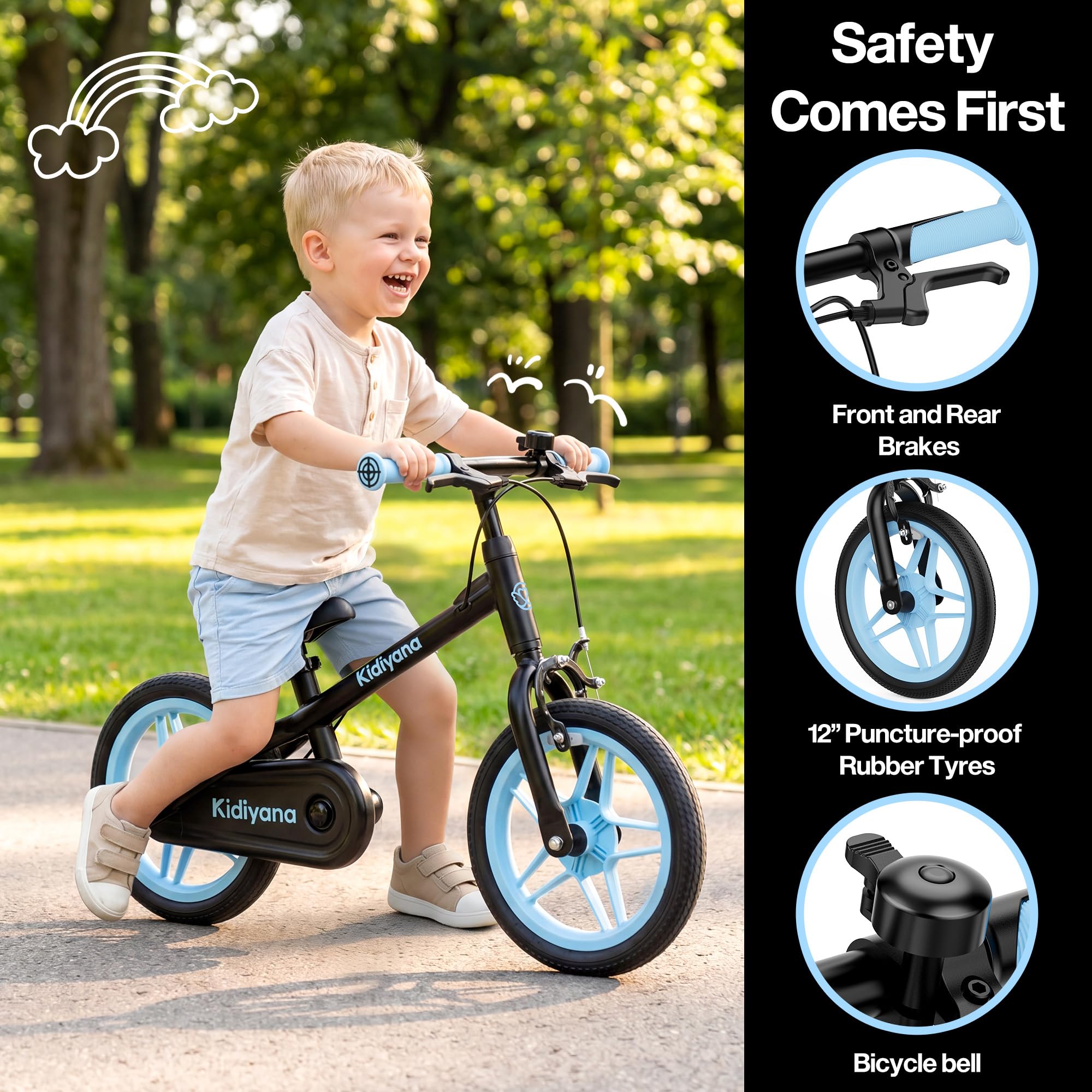 Bicicleta sin Pedales 3 en 1 Desde 2 Años con Pedales y Ruedas de Apoyo Desmontables, Bici Infantil de 12 Pulgadas con Freno de Mano, Timbre, Sillín Ajustable y Marco de Aluminio