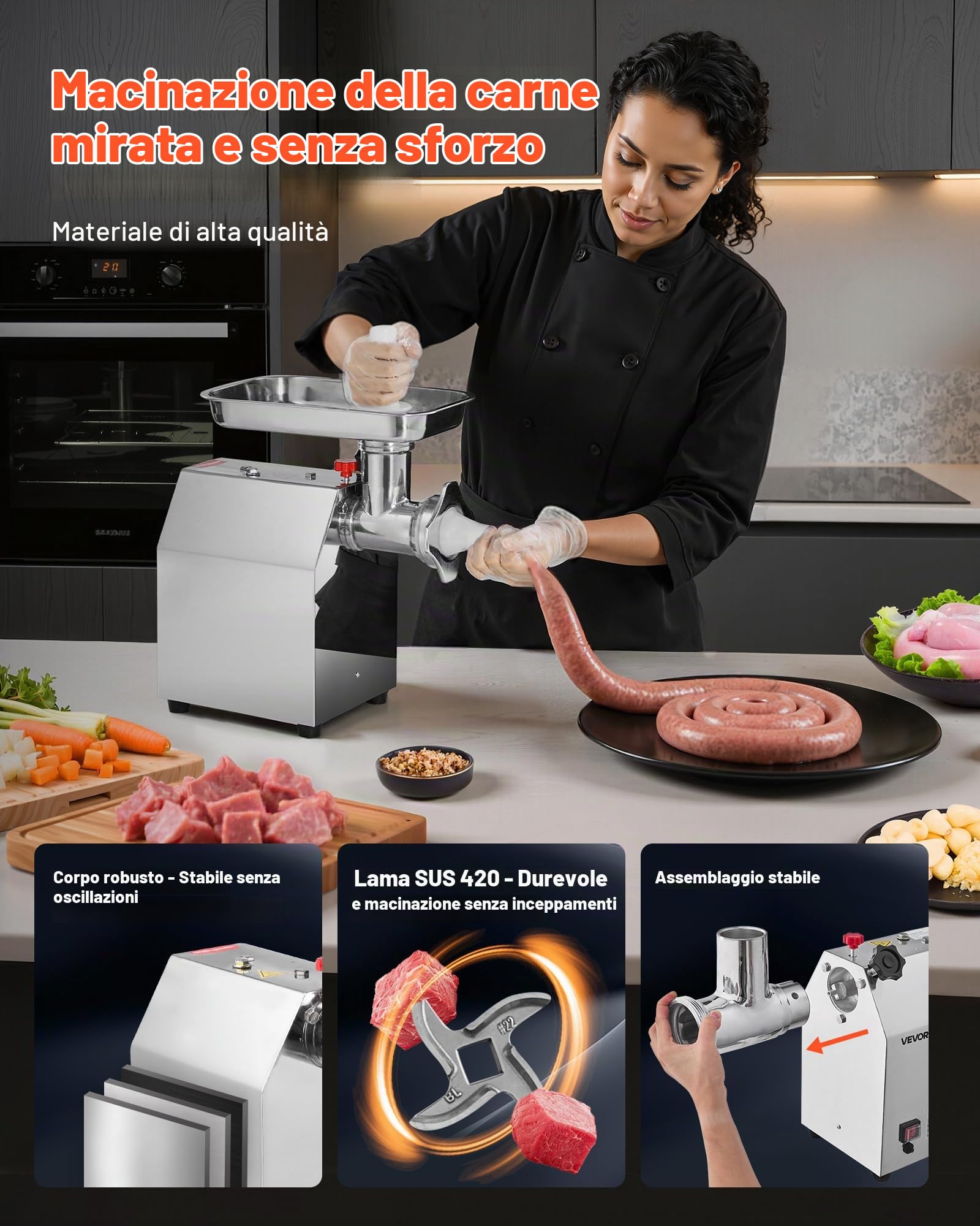 VEVOR Tritacarne Elettrico Capacità 4,17 kg/min, Tritacarne da Tavolo da 1100 W con Lama Piastra di Macinazione, Macchina per Salsicce Commerciale in Acciaio Inox per Cucina Ristorante Hotel