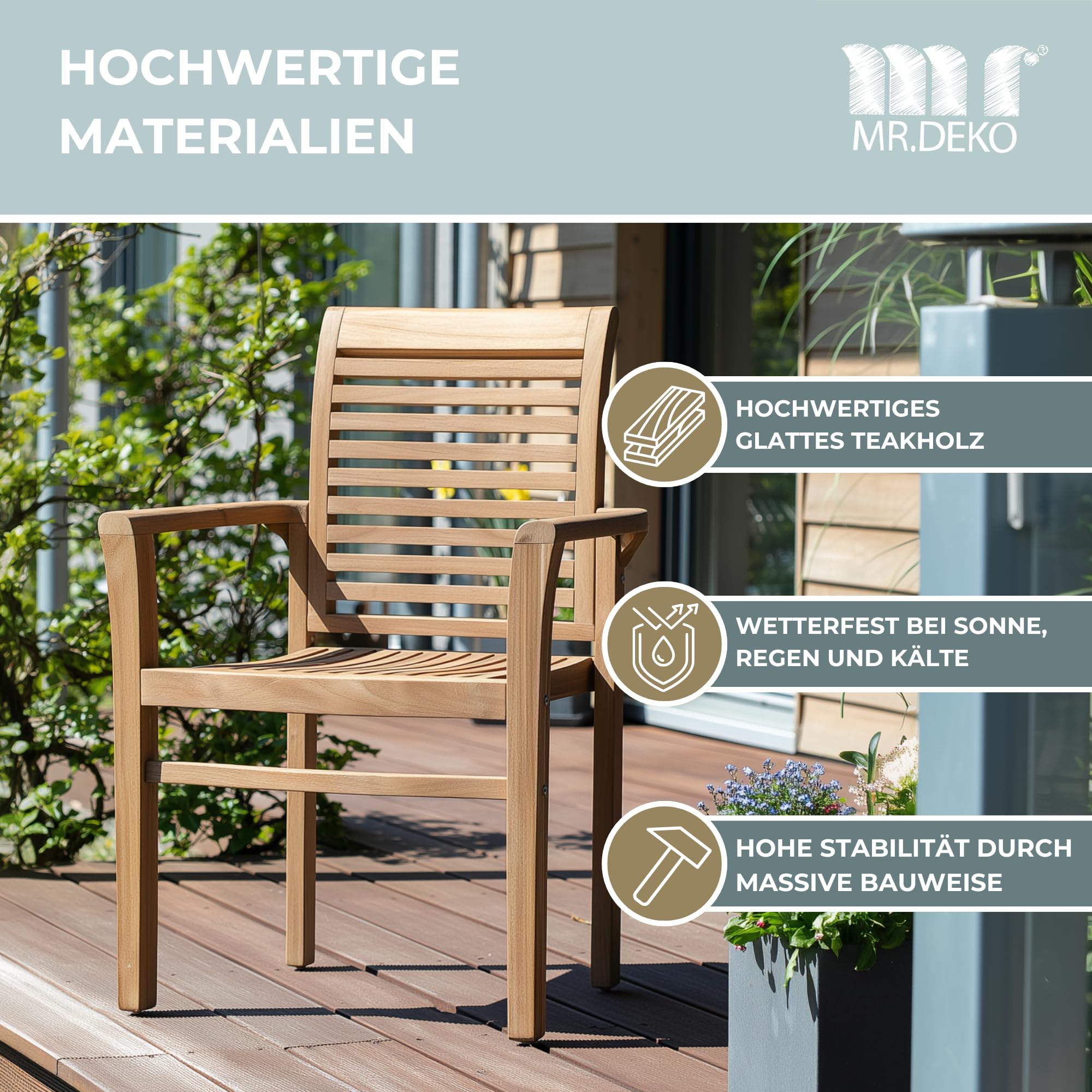 MR. DEKO Stapelsessel Derby Teakholz mit Armlehnen | Gartenstuhl Holz Stapelbar Wetterfest | Holzstuhl Garten | Teak Stuhl Outdoor | Gartensessel Balkonstuhl | Terrassenstühle