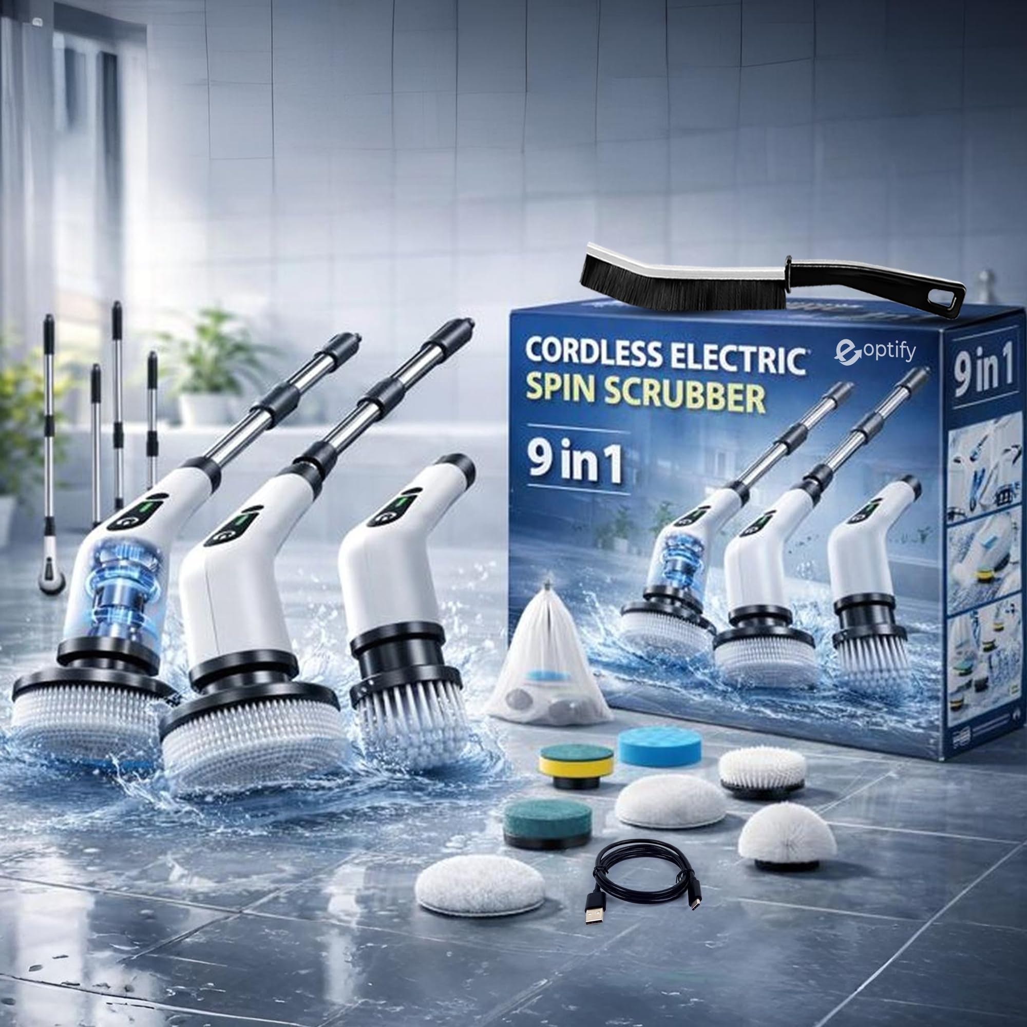 9 in 1 Spin Scrubber For Bathroom, Cordless power Spin scrubber, Bathroom Cleaning Brush with Replaceable Heads, Adjustable Electric Spin Scrubber for bathroom, floor scrubber for floor