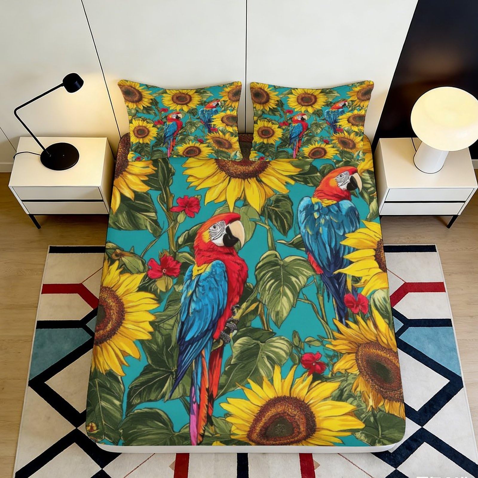 3D Printed Sunflower Parrot Fitted Sheet Microfiber Soft Mattress Cover for Bedroom Guest Room Decor Protection 140x200x25cm