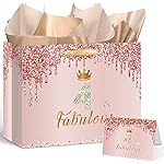 Yoirrat Rose Gold 4th Birthday Gift Bag for Girls - Large Pink Happy Birthday Gift Bag with Wrapping Paper and Card for Decorations Party Supplies