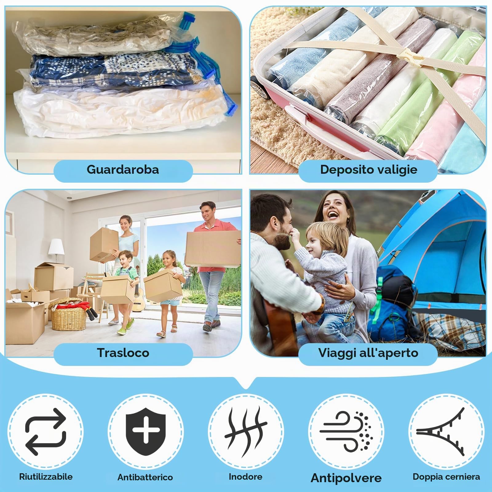 JOPHEK Vestito - Borsa sottovuoto per aspirapolvere, pompa USB, per riporre vestiti, piumini, biancheria da letto, 1XL+2L+2M+2S