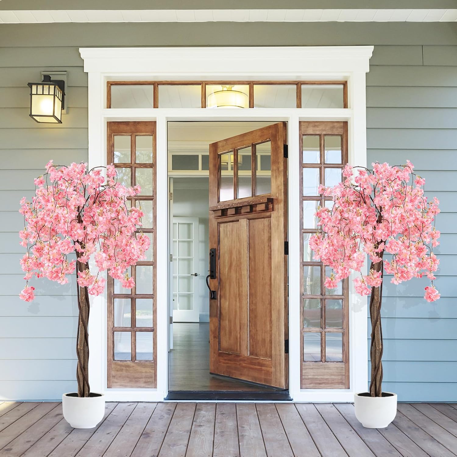 Goplus 5.5FT Artificial Cherry Blossom Tree, Fake Flower Tree, Faux Floral Plant Blooming Tree in Nursery Pot with Pink Flowers, Tall Potted Artificial Tree for Indoor Home Office Porch Decoration