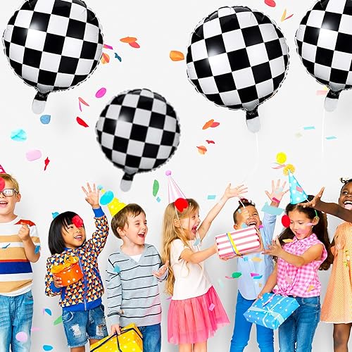 Miniatura 7 de Globo de tablero de ajedrez de aluminio, globo a cuadros negro y blanco para decoración de fiestas temáticas de carreras, suministro de 18 pulgadas