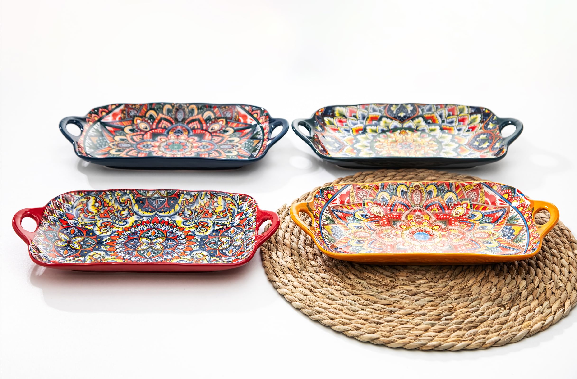 Boho-Servierplatten aus Keramik mit Griffen, 30,5 cm, große Servierschalen für Unterhaltung, bunte, niedliche Porzellan-Servierteller für Sandwich, Vorspeisen, Obst, mikrowellengeeignet, gemischte