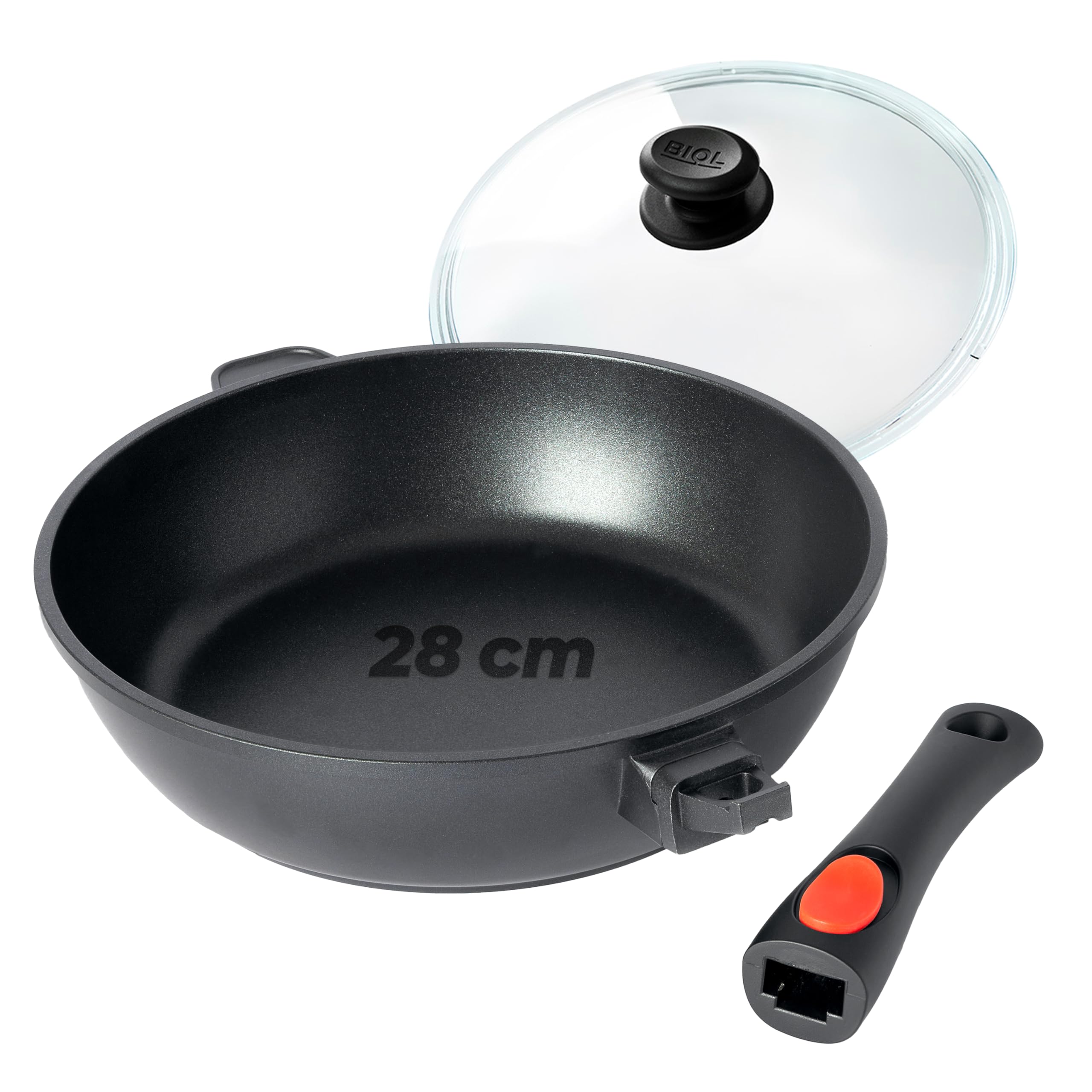 BIOL Schmorpfanne 28 cm mit Glasdeckel & hohem Rand – Antihaft Pfanne Induktion aus Aluminium, PFOA-frei, abnehmbarer Griff, für Braten & Schmoren