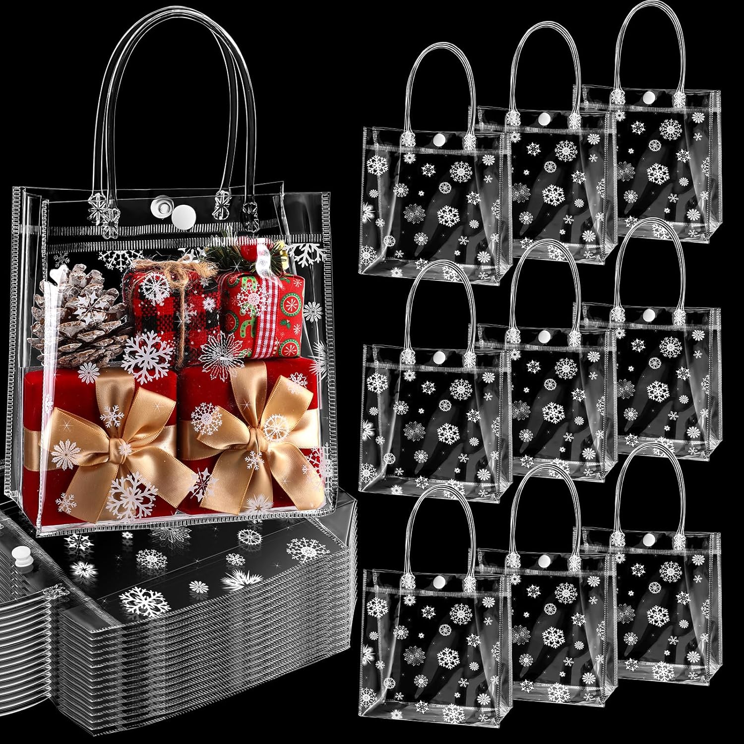 Gueevin 60 Pcs Christmas Clear Gift Bags with Handles Bulk Plastic Candy Treat Snowflake Party Gift Bags PVC Wine Tote for Wedding Birthday Party Favor(7.87 x 7.87 x 3.15 Inch)