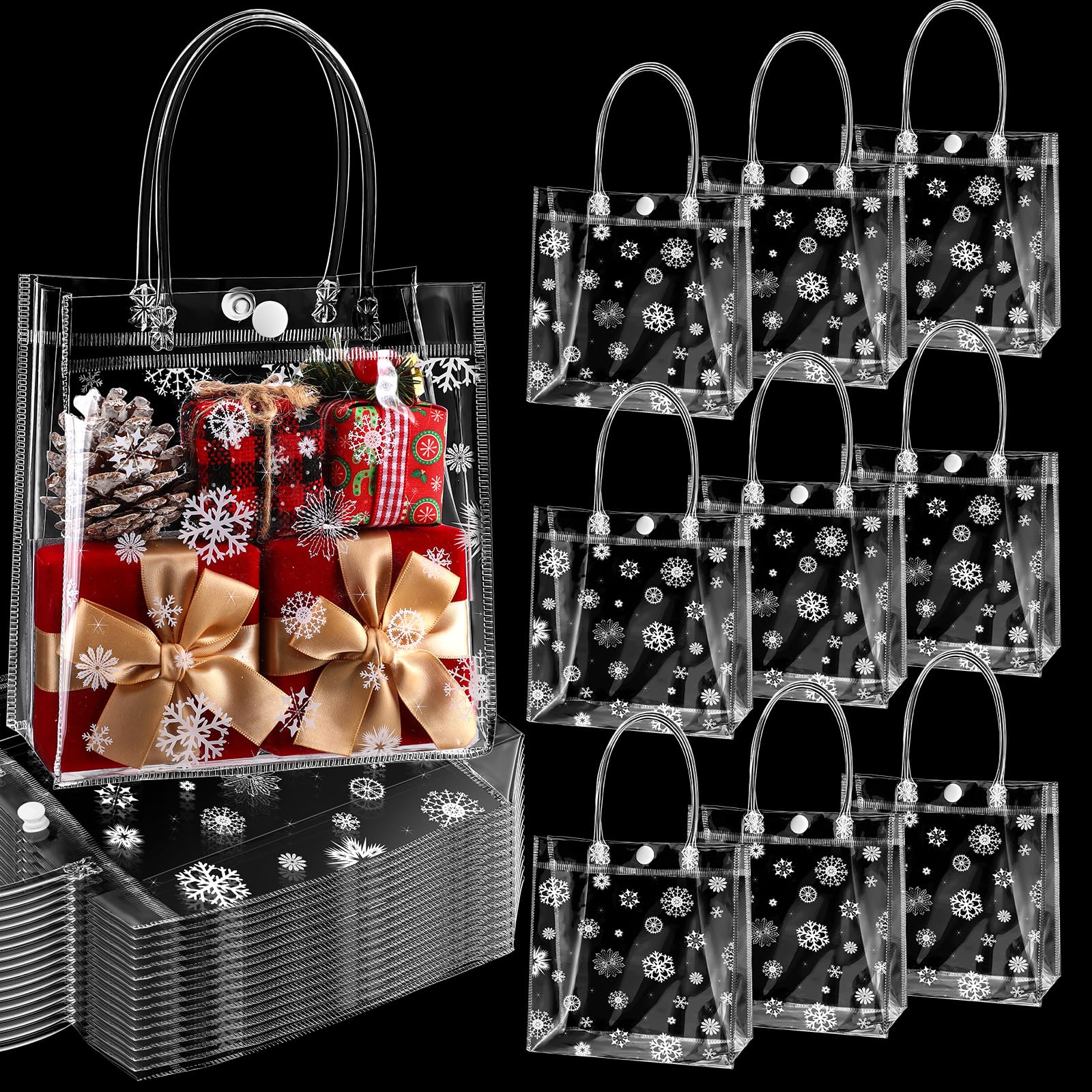Gueevin 60 Pcs Christmas Snowflake Gift Bags Christmas Treat Candy Bags Christmas Wine Gift Bags Xmas Clear PVC Gift Bags Reusable Plastic Gift Wrap Tote Bags for Party (7.87 x 7.87 x 3.15 Inch)