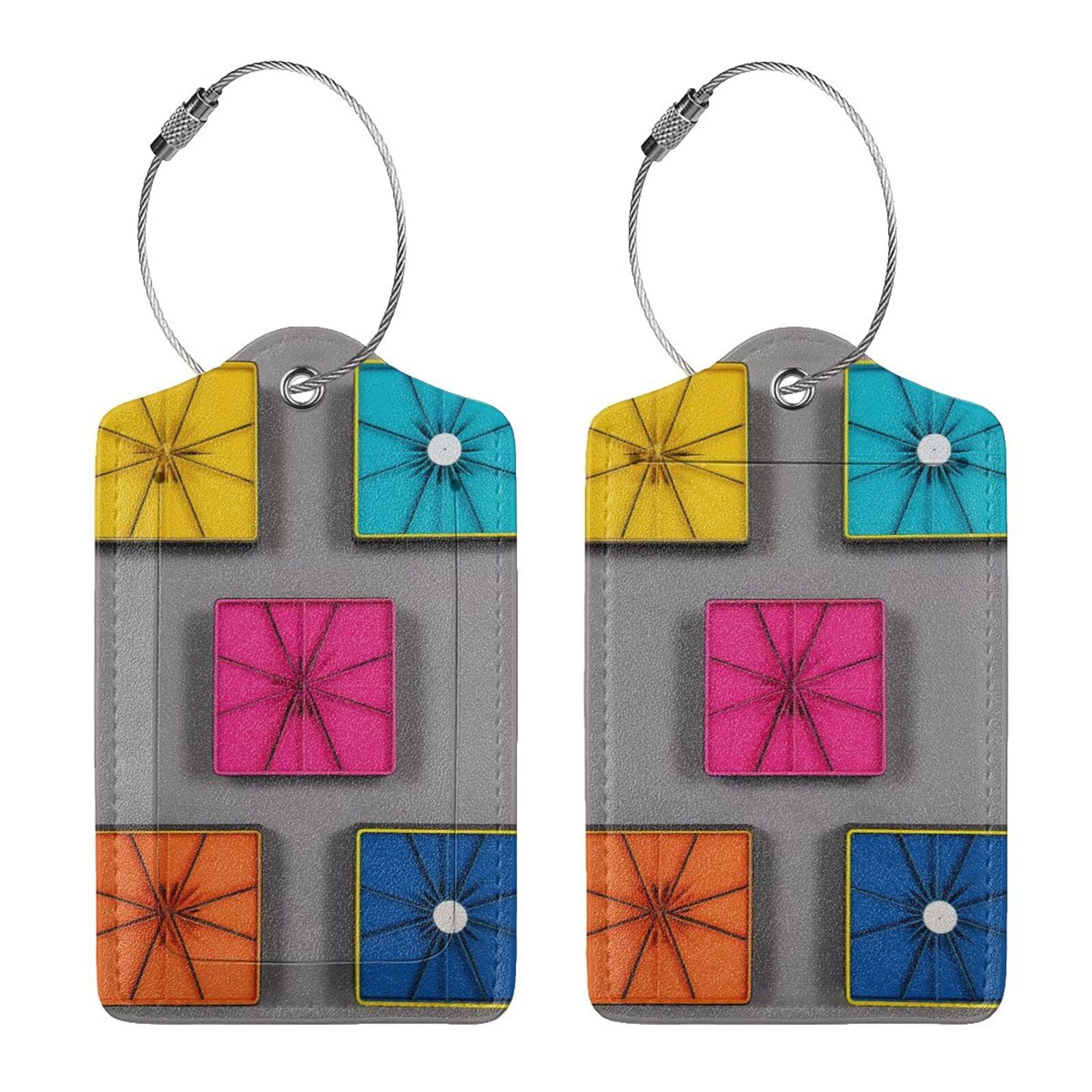 ZhongGuo Bunte Quadrate, bedruckte süße Gepäckanhänger für Koffer, 1/2/4er-Pack, personalisierte Leder-Kofferanhänger mit Stahlschlaufe