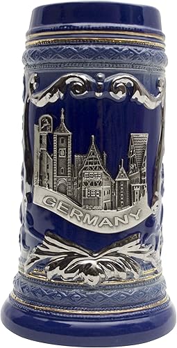 Essence of Europe Gifts 0.6 litros  Oktoberfest Haus German Rothenburg - Jarro de cerveza con emblema de metal en un azul cobalto Bier Krug - Taza