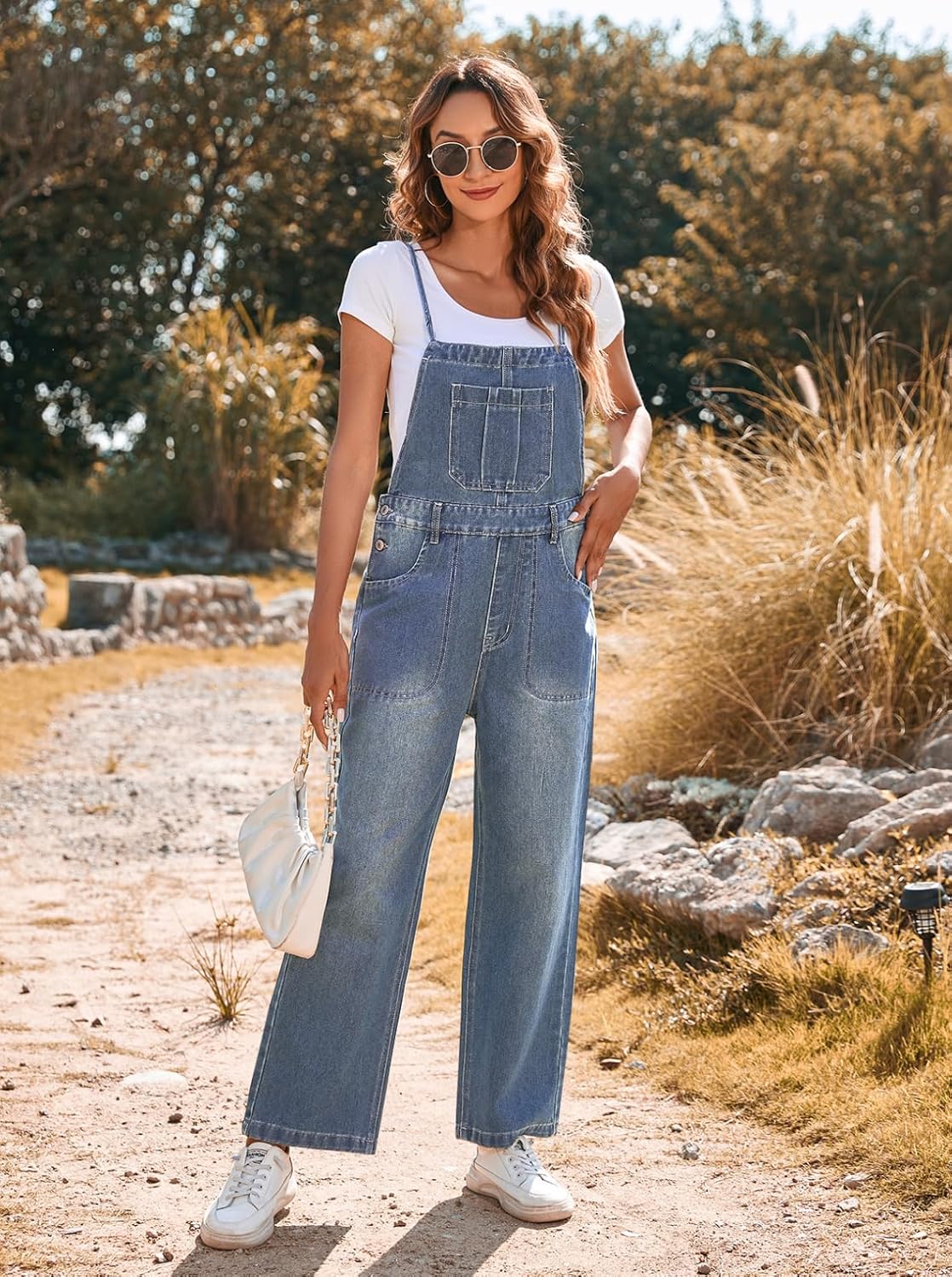 Pink Queen Women's Denim Bib Overalls Casual Loose Adjustable Straps Wide Legs High Waist Jean Pants Jumpsuits with Pockets - Image 4