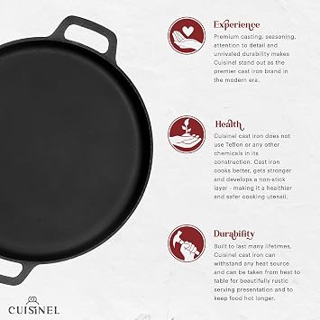 Cuisinel Cast Iron Pizza Pan 13.5-Inch Pre-Seasoned Round Baking Stone for Oven, Grill & Stovetop Heavy-Duty Skillet Alternative for Crispy Crust Pizza, Flatbreads & Roasting