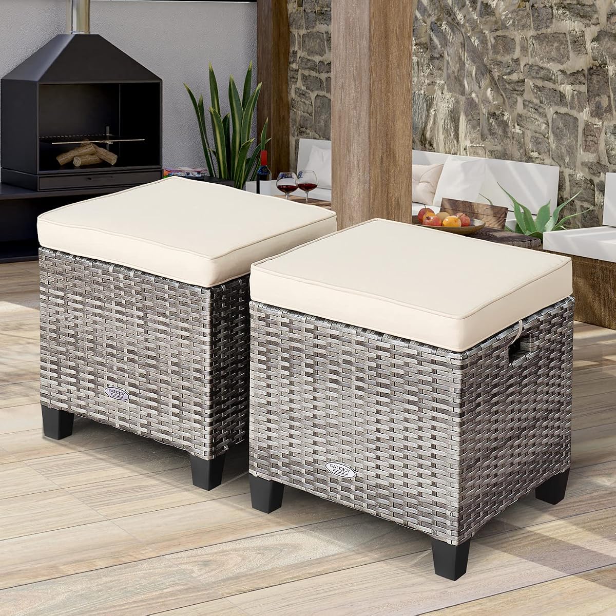 Moccha Juego de 2 otomanas para patio al aire libre, de ratán para todo tipo de clima, con cojines extraíbles, reposapiés para exteriores (mezcla de gris + blanco)