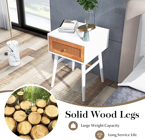 Miniatura 14 de Giantex Juego de 2 mesitas de noche de ratán, mesa auxiliar bohemia con cajón de almacenamiento decorado de ratán y patas de madera maciza, mesa de