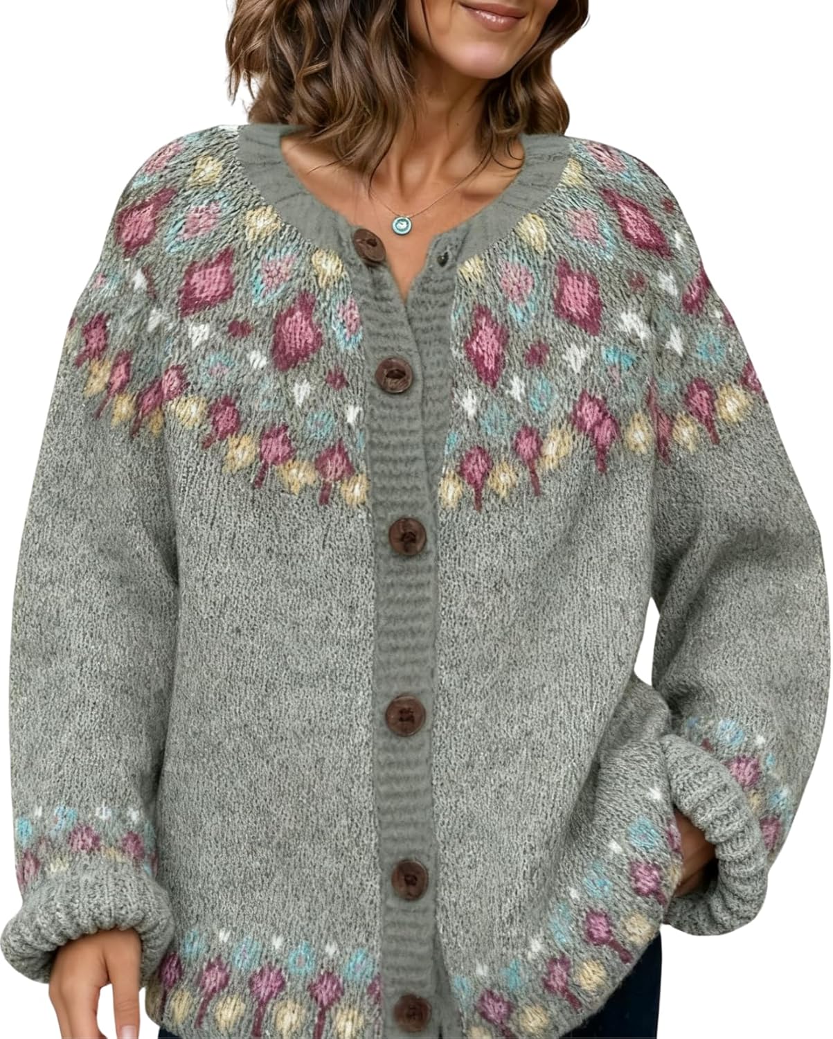 LIZALIG Cardigan for Women Fair Isle Sweater Chunky Cardigan Plus Size Cute Outfits Knit, Vintage Style for Fall Winter - Image 3