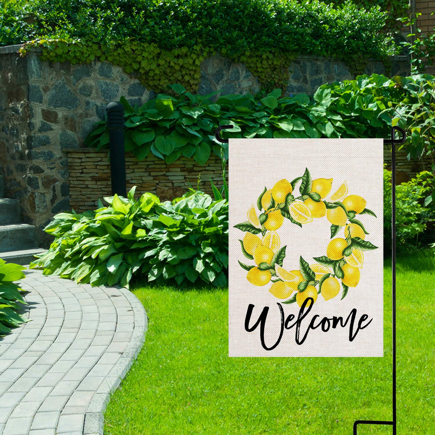 Gartenflagge "Welcome Home" Mit Zitronenkranz, 31,8x45,7 Cm, Doppelseitig, Wetterfest – Jute-Optik