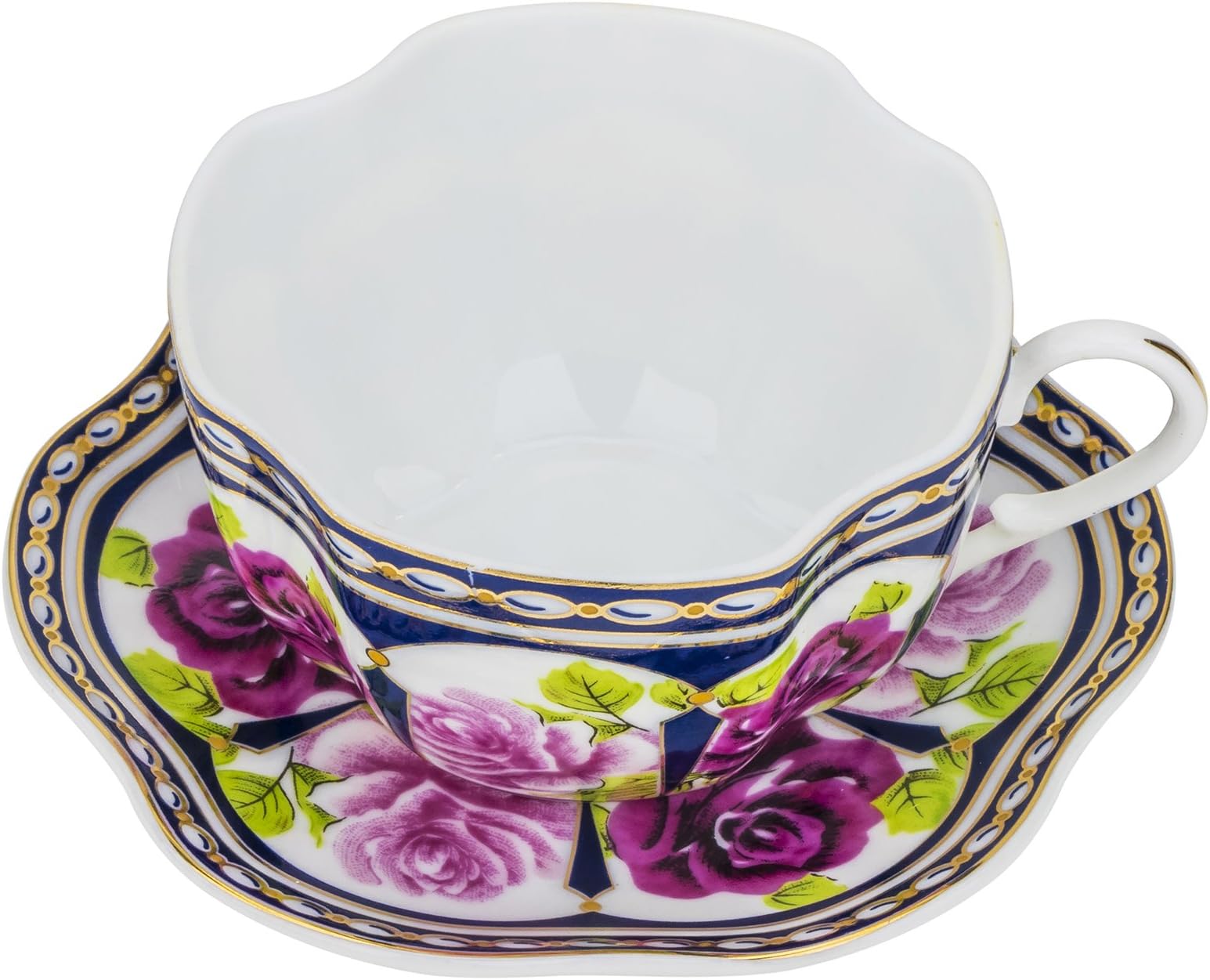 “Versailles Garden” 5 Oz. Tea Cup and Saucer Set, Vintage Royal Coffee Cup Set, Ceramic Breakfast Tea Service, 6 Cups + 6 Saucers