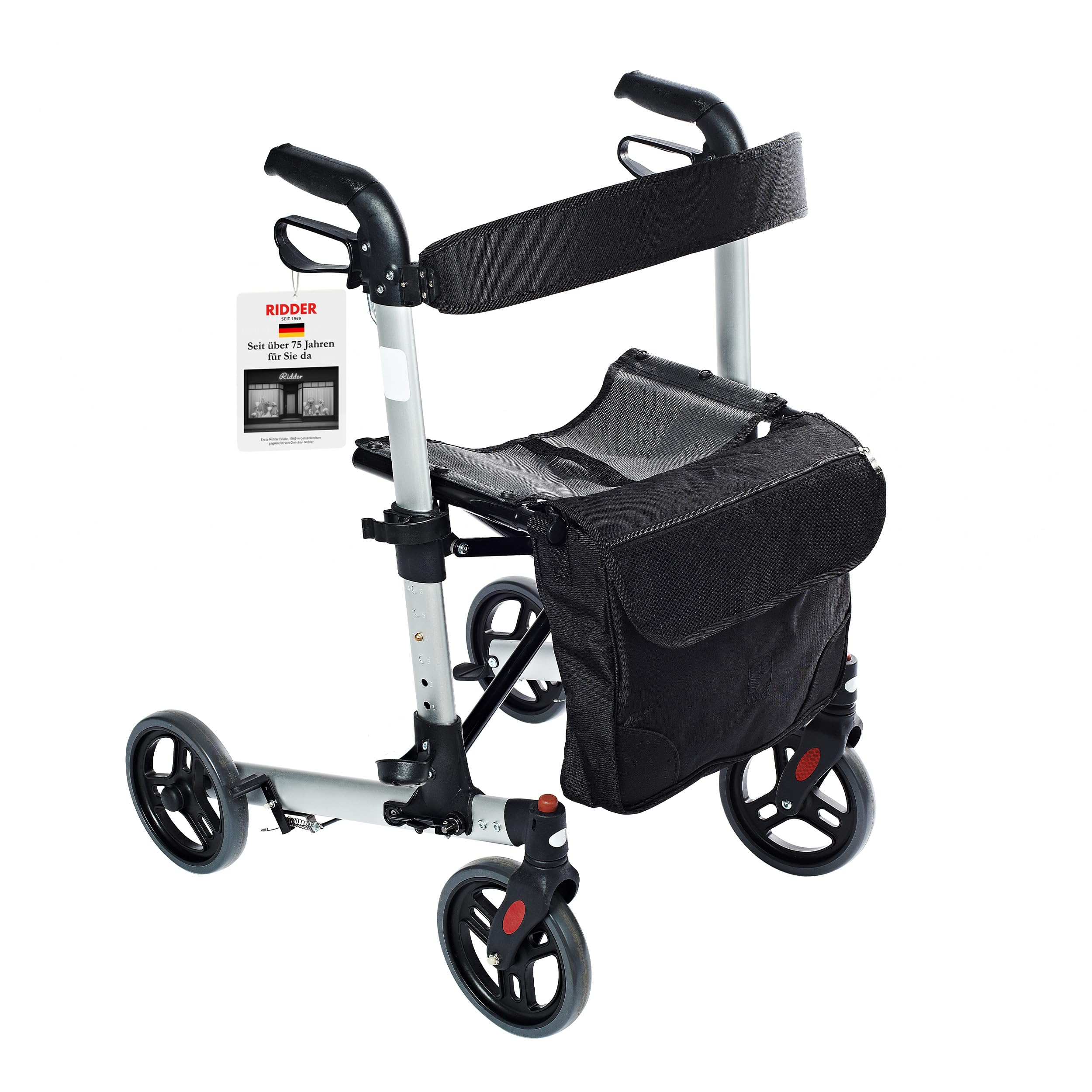 RIDDER – Rollator Mio | Faltbarer Gehwagen mit höhenverstellbaren Griffen, breitem Sitz & Rückengurt. Gehhilfe mit Abnehmbarer Einkaufstasche & Gehstockhalter | Belastbar bis 136kg