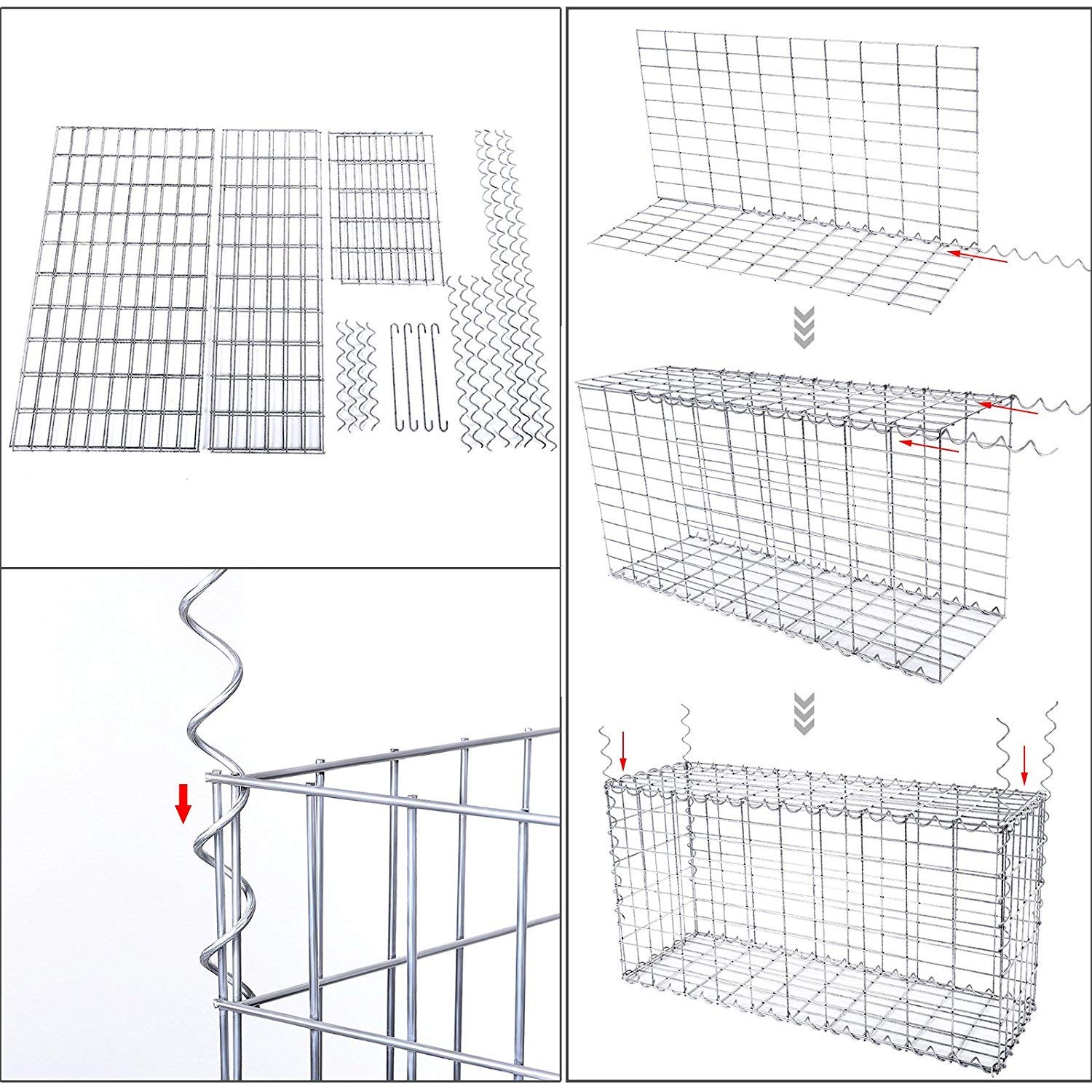 DEFACTO Gaviones de piedra, cesta de piedra, gaviones para pared, cesta de alambre, para interior y exterior, gris, grosor del alambre: 4 mm, incluye 4 soportes de distancia 100 x 50 x 30 cm