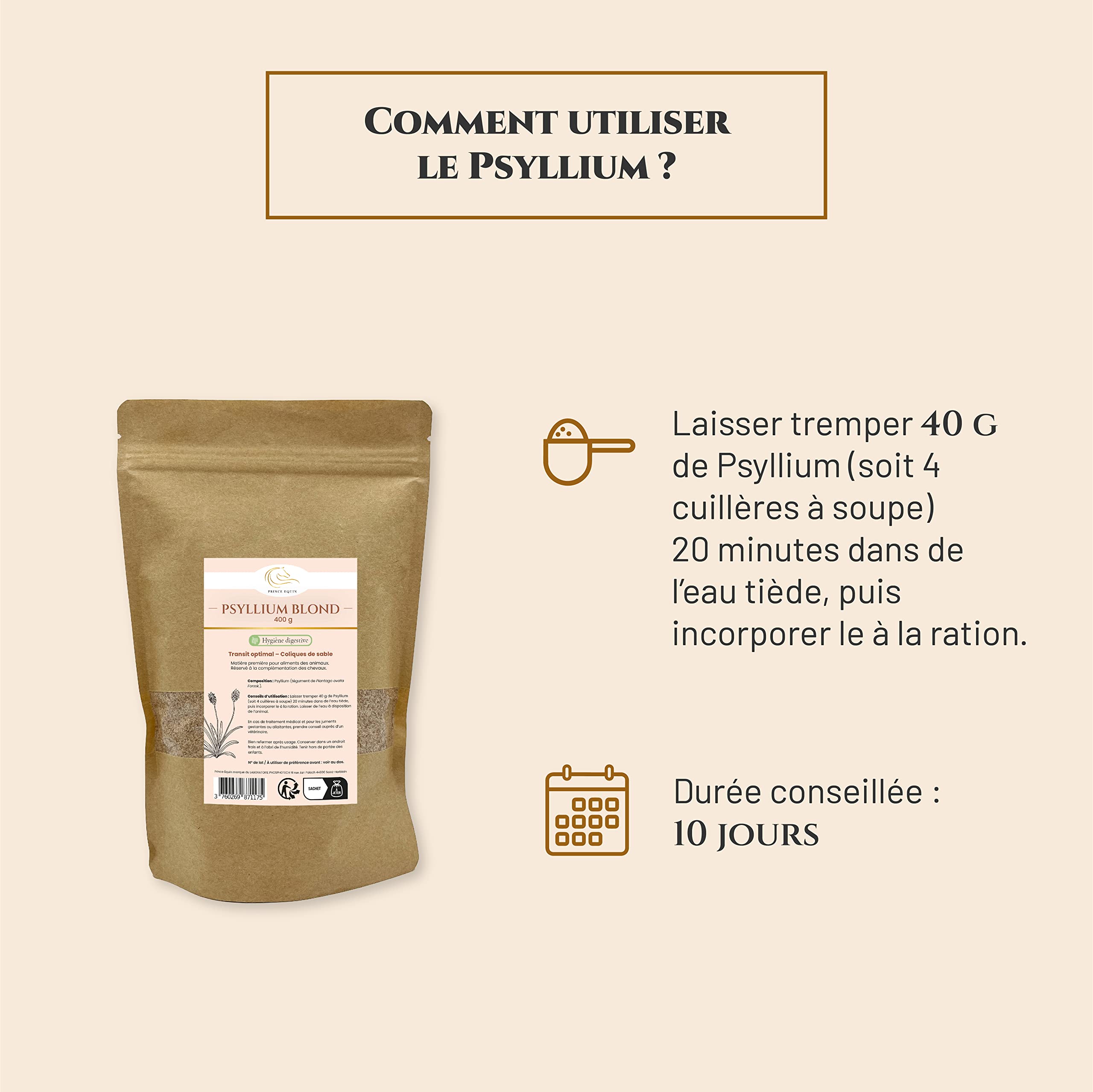 PSYLLIUM BLOND - Complément nutritionnel Cheval - Sachet 300 g - Apport en fibres - Aide à réguler le transit intestinal - Marque Française