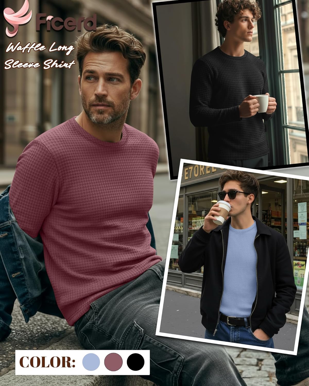 Ficerd 3 Pack Men's Waffle Long Sleeve Shirts, Crew Neck Thermal Underwear Tops Casual Pullover Sweaters Knit Undershirts - Image 2