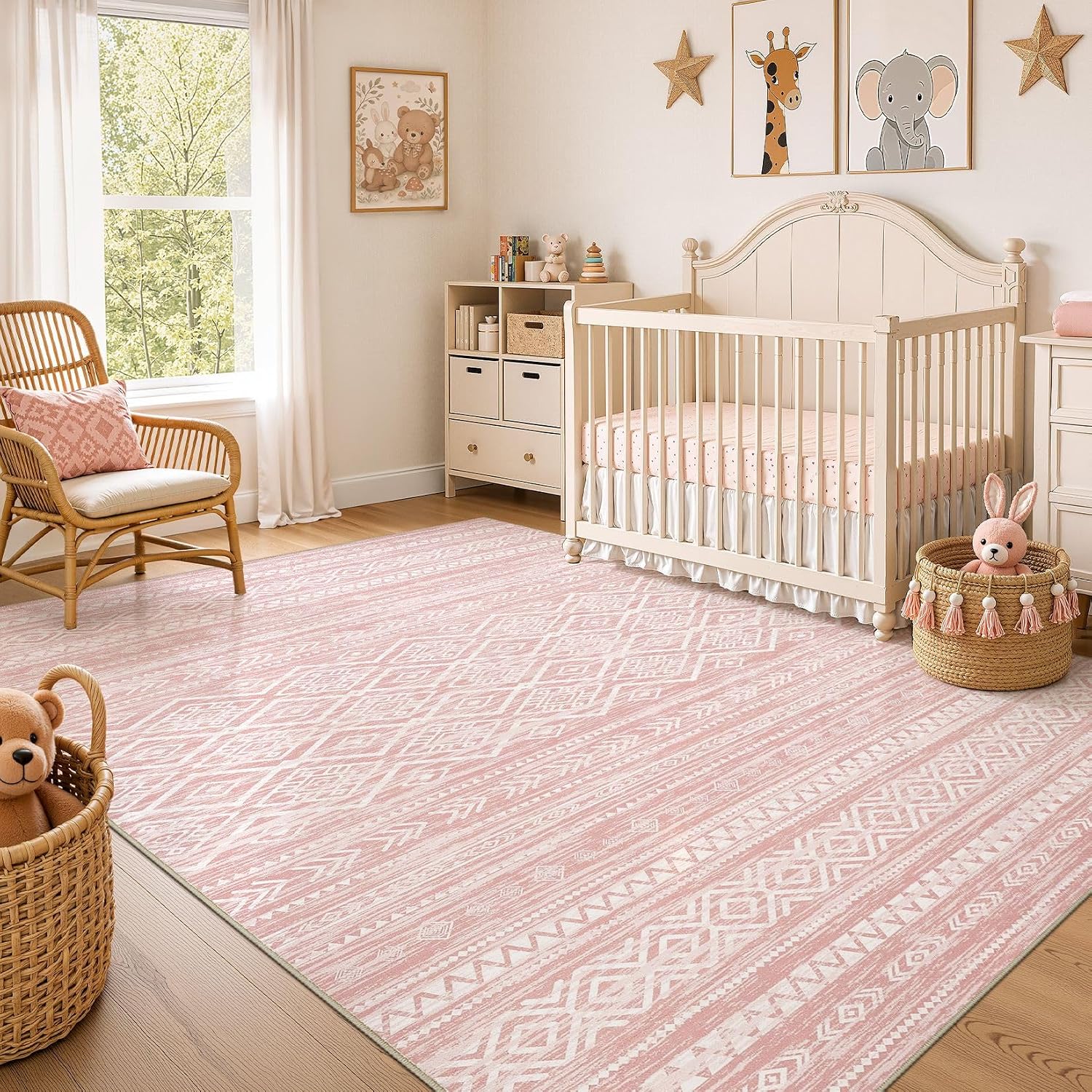  Area Rug Living Room Rugs: 5x7 Large Soft Machine Washable Boho Moroccan FarmNeutral Stain Resistant Indoor Floor Carpet for Bedroom Under Dining Table Home Office Decor-Pink