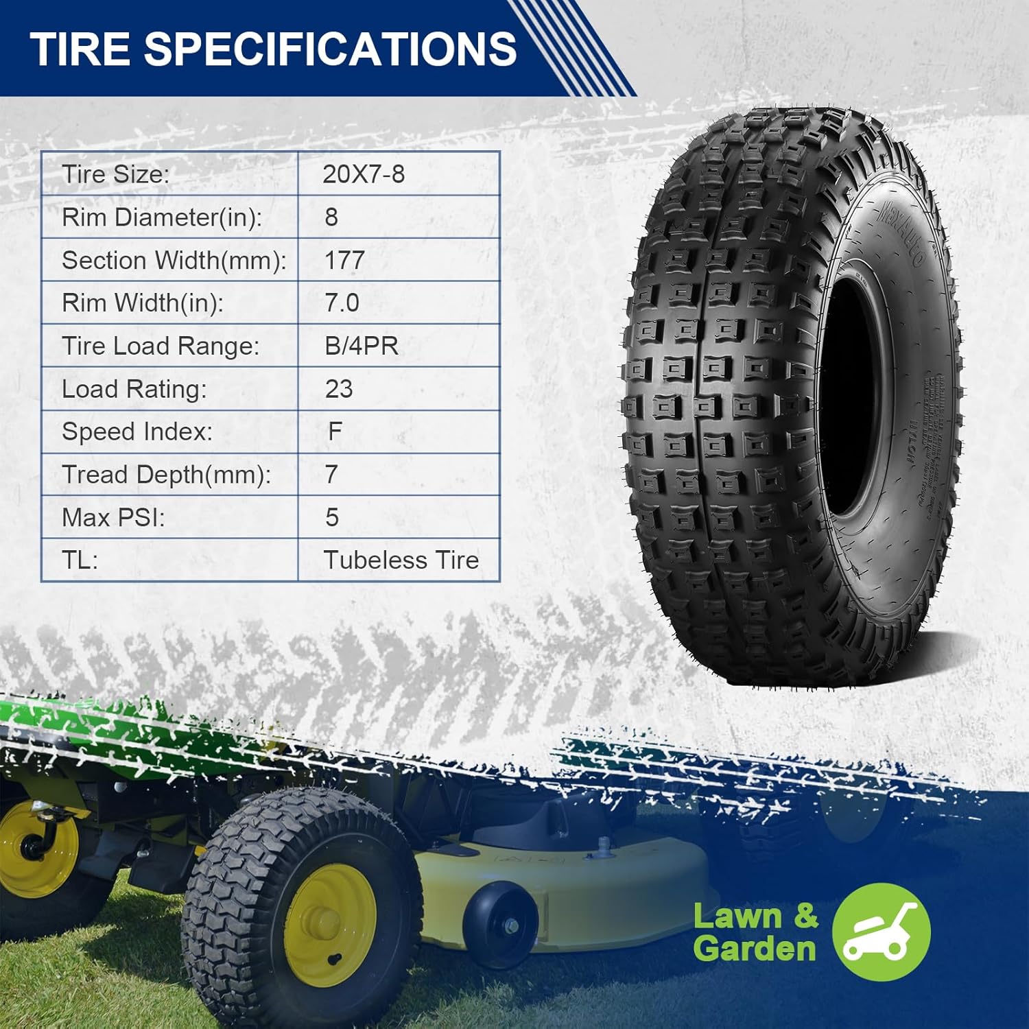 MaxAuto 20x7-8 ATV Tire Golf Cart Knobby Turf Tire 20x7x8 Front Sport UTV ATV Tires 4PR Tubeless, Set of 2