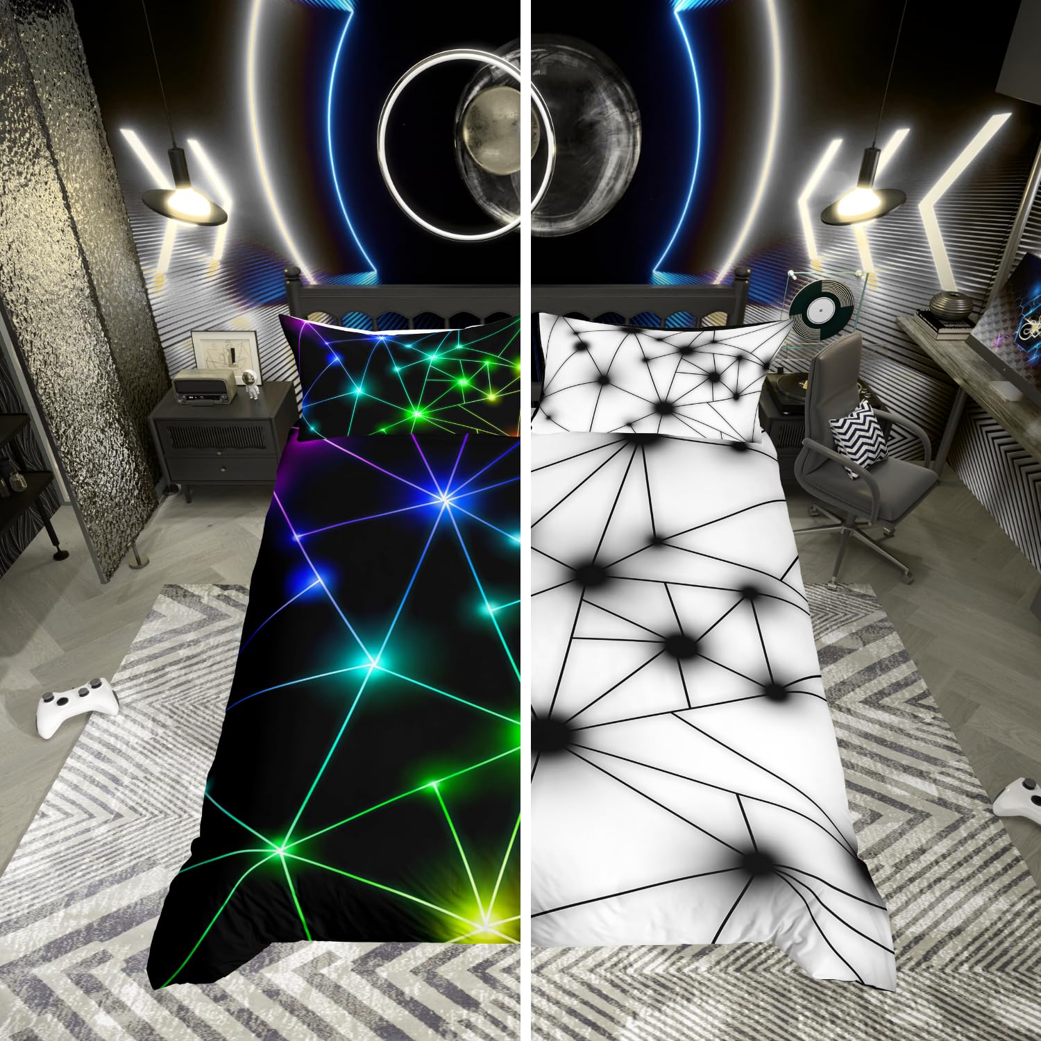Homewish Geometric Triangle Bedding Double Bed Set Reversible 3-Piece Duvet Cover, Abstract Neon Rays Printed Quilt Cover Retro Triangle Pattern Bed Sets for Teens Boys Girls Bedroom