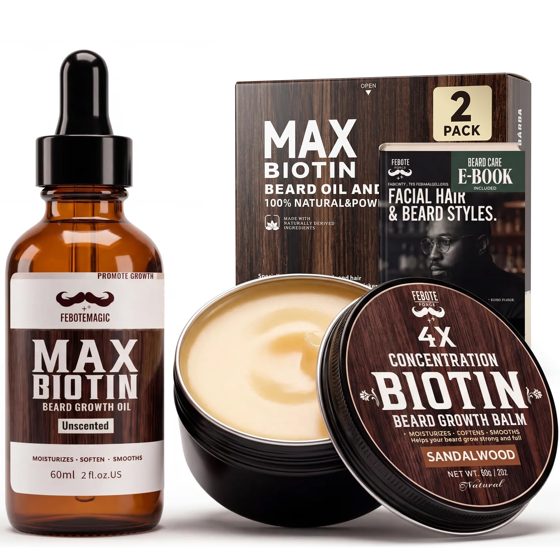 4X Concentration Biotin Beard Kit for Men – Unscented Oil & Sandalwood Balm Set (2 Pack) – Moisturizes, Softens & Promotes Growth – Premium Beard Grooming Gift for Father’s Day or Him