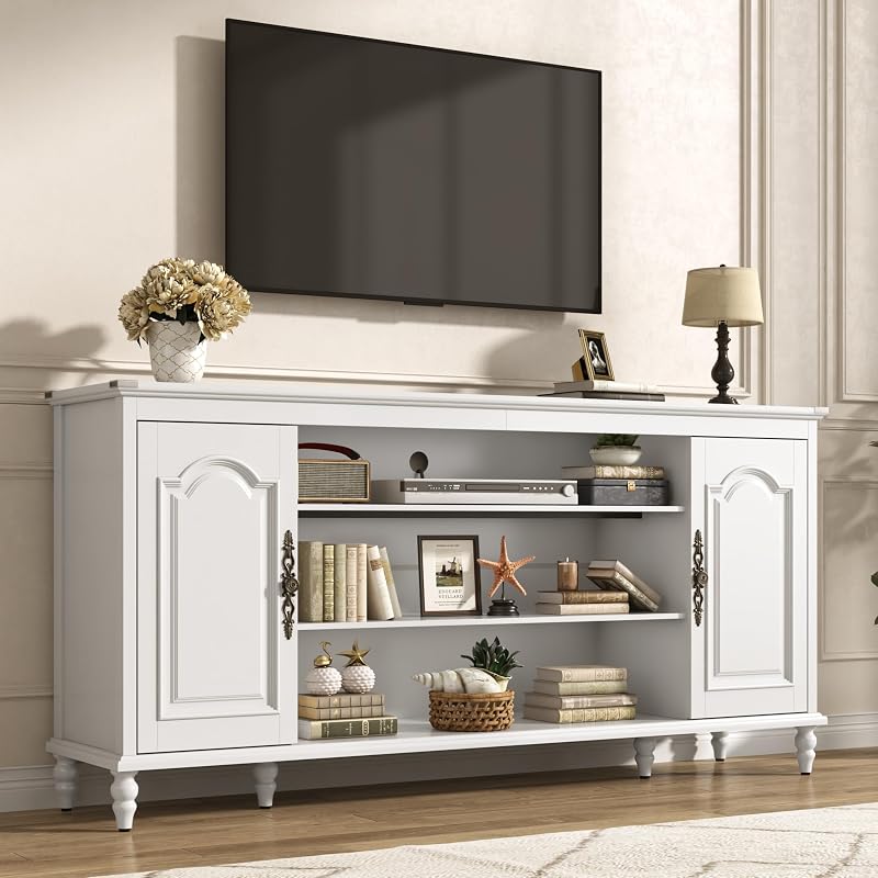 Modern Farmhouse TV Stand, 70" Media Console with Doors & Shelves, White