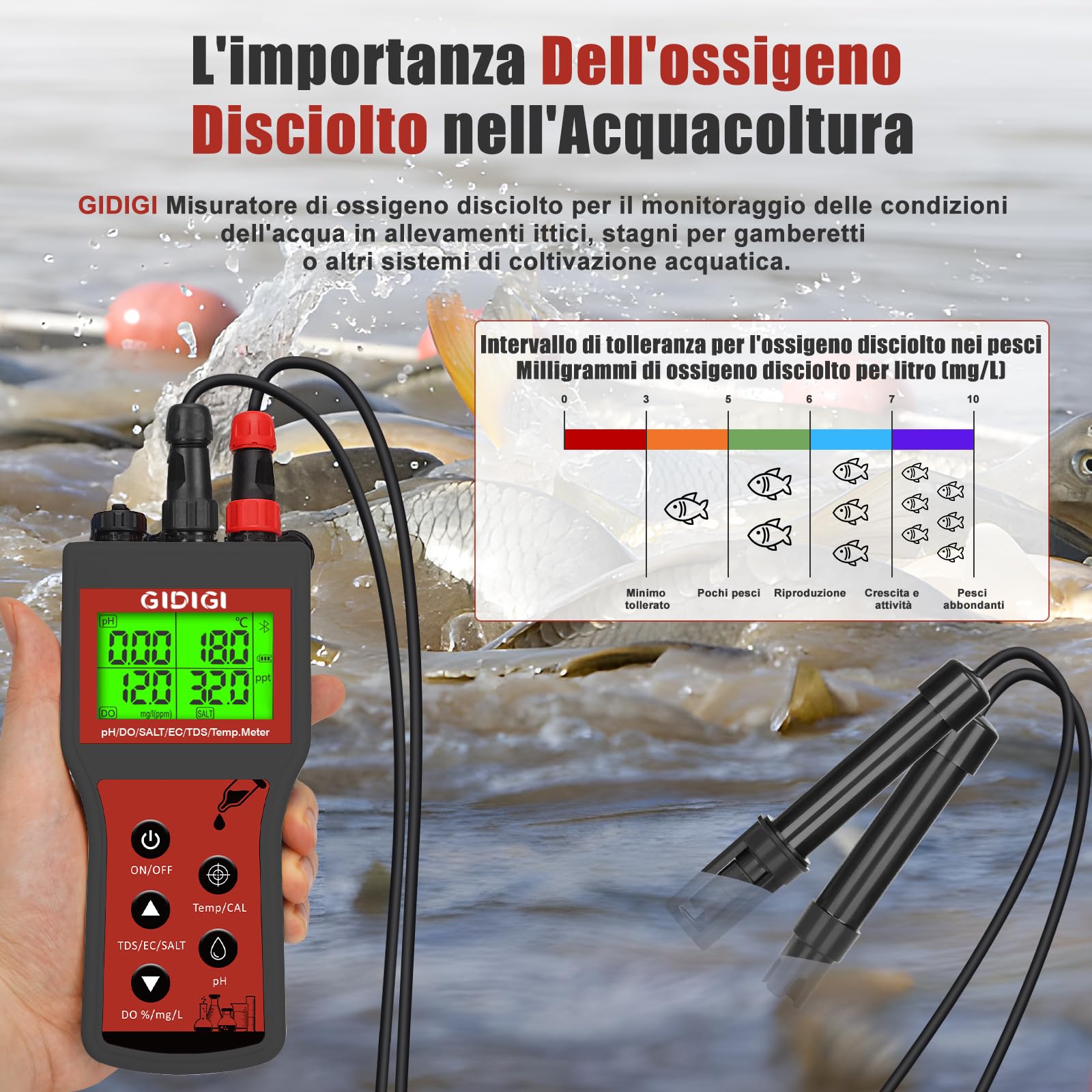 Misuratore di Ossigeno Disciolto 6 in 1 Smart DO pH Salinità TDS EC Temp. con Compensazione Sale per Acquari Dell'acqua Tester di Ossigeno per Laghetti Kit di Test del pH per Acquari