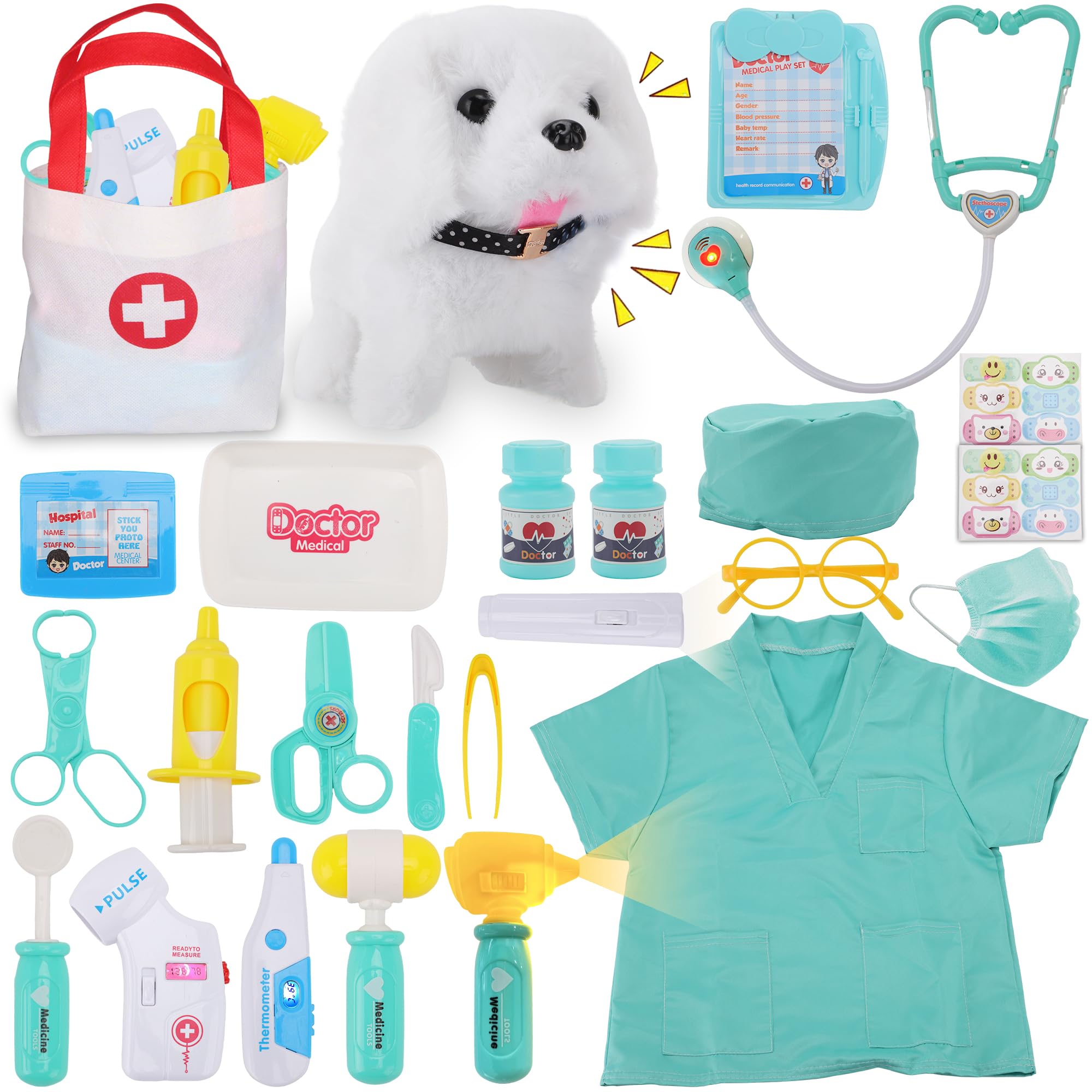 TEUVO Doctors Set for Kids, Children Pet Vet Care Play Set including Doctor Costume, Interactive Plush Dog, Stethoscope