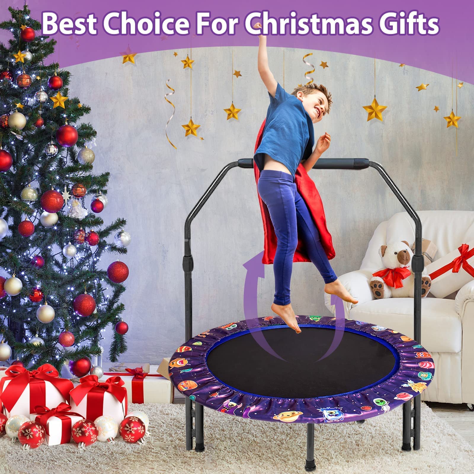 Trampoline Enfant Ø92cm, Pliable Mini Trampoline avec Poignée Réglable & Rembourrage de Sécurité,Petit Trampoline intérieur Enfants, Intérieur et Extérieur pour garçons et Filles