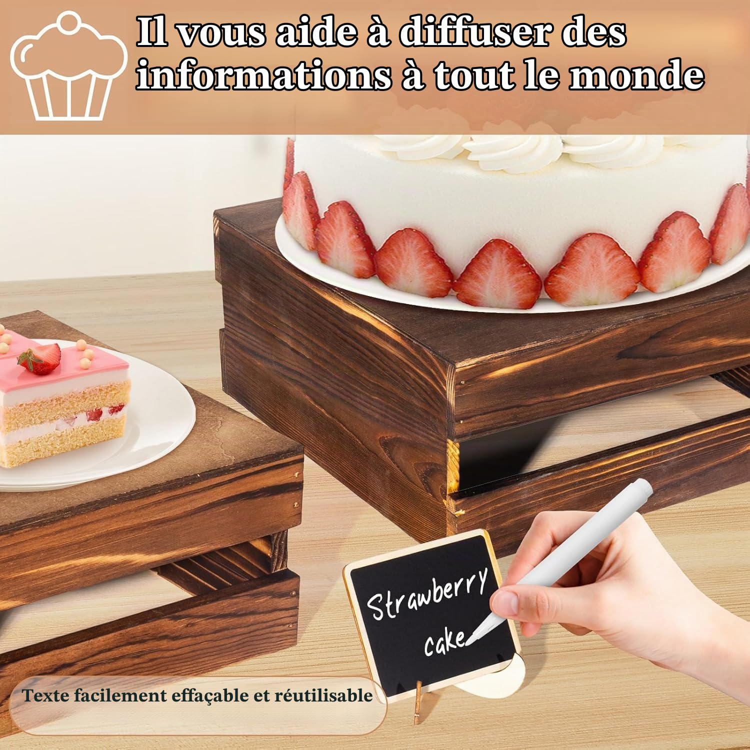 Lot de 8 Presentoir Buffet avec Mini-Panneaux, Présentoirs à gâteaux rustiques en Bois avec Fond Creux, pour Mariage, Anniversaire ou fête