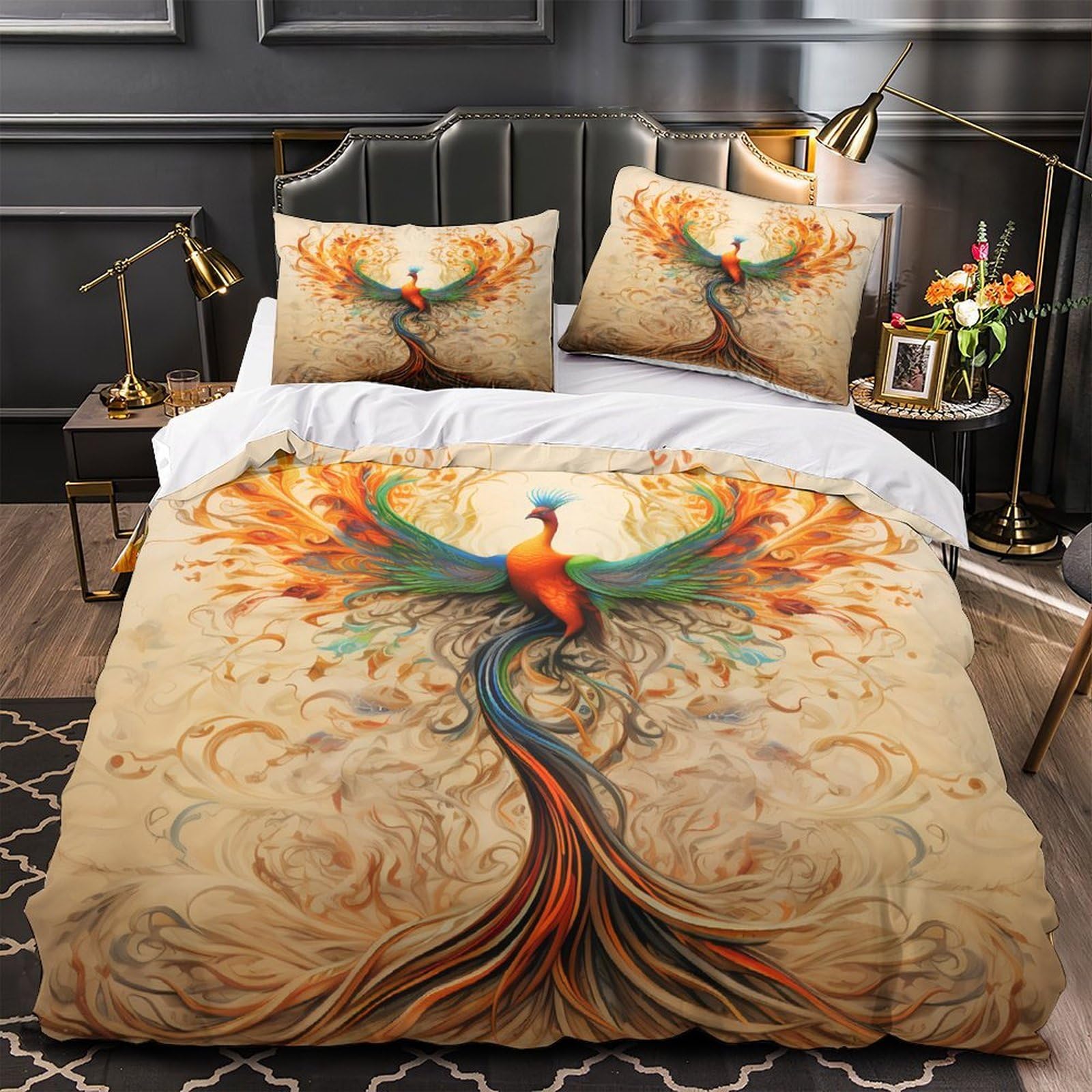 Housse de couette oiseau mythique Phoenixwork en microfibre 3 pièces 200x200cm avec 2 taies d'oreiller