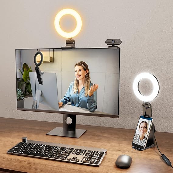 5 Desk Ring Light with Stand, LED Ring Light for Laptop Monitor, Video Conference Lighting, Zoom Meeting Light for Video Calls Selfie Makeup PC Webcam, Phone Holder with Continuous Output Lighting