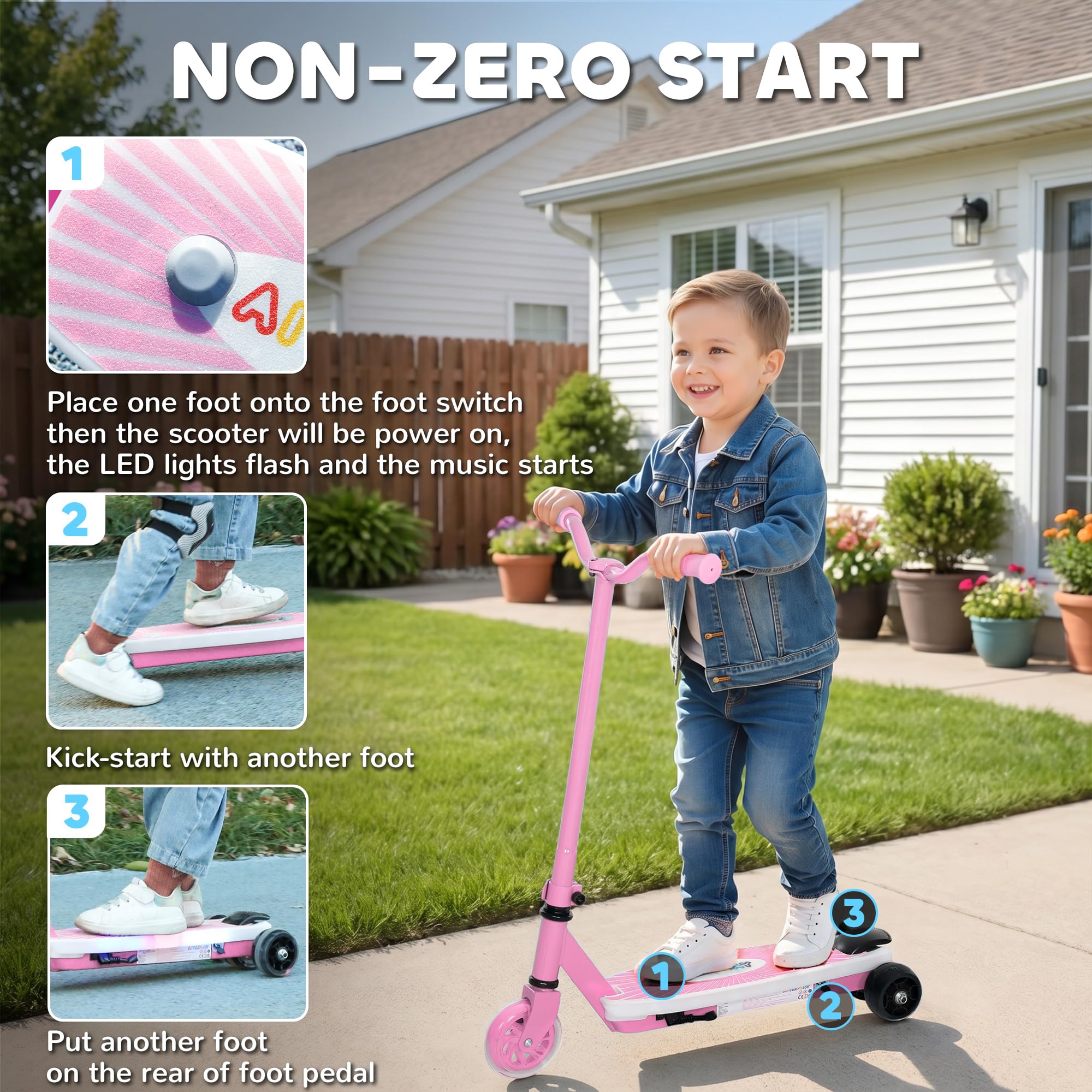AIYAPLAY Patinete eléctrico para niños de 6 km/h y 8 km, 6 kg ligero, con ruedas traseras auxiliares, luz LED intermitente y freno eléctrico, para niños y niñas de 4 a 7 años