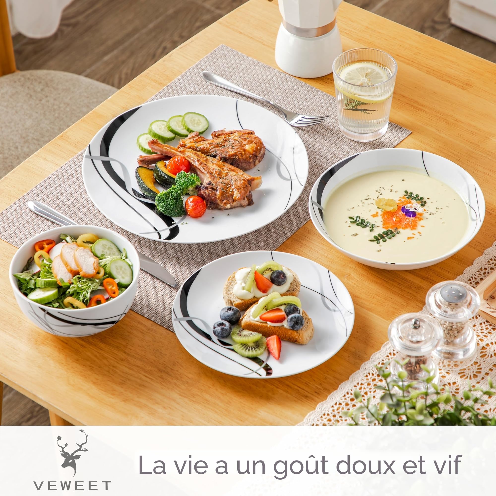 VEWEET, Série FIONA, Service de Table en Porcelaine Rond 24 Pièces pour 6 Personnes, Service de Vaisselle avec 6 Assiettes Plates, 6 Assiettes à Desserts, 6 Bols à Céréales et 6 Bols à Pâtes