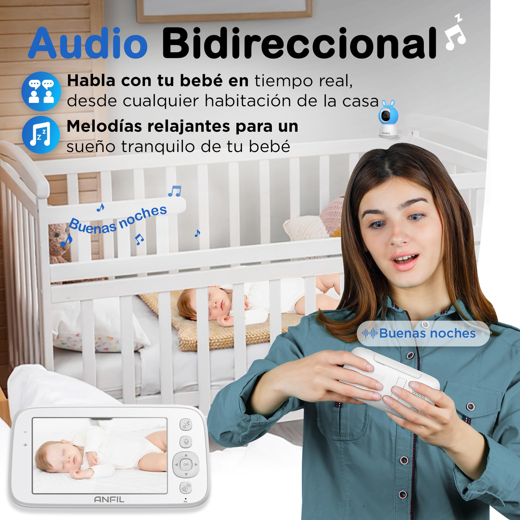 Cámara Vigilancia Bebé con Monitor – Pantalla 5", Visión Nocturna, Audio Bidireccional, Sensor de Temperatura, VOX, Cámara Bebé Sin WiFi, Intercomunicador, Baby Monitor, Vigilabebés